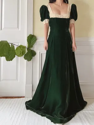1930s Emerald Silk Velvet Gown - S