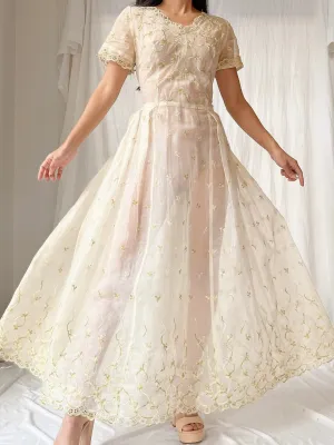 1940s Organdy Embroidered Dress - XS