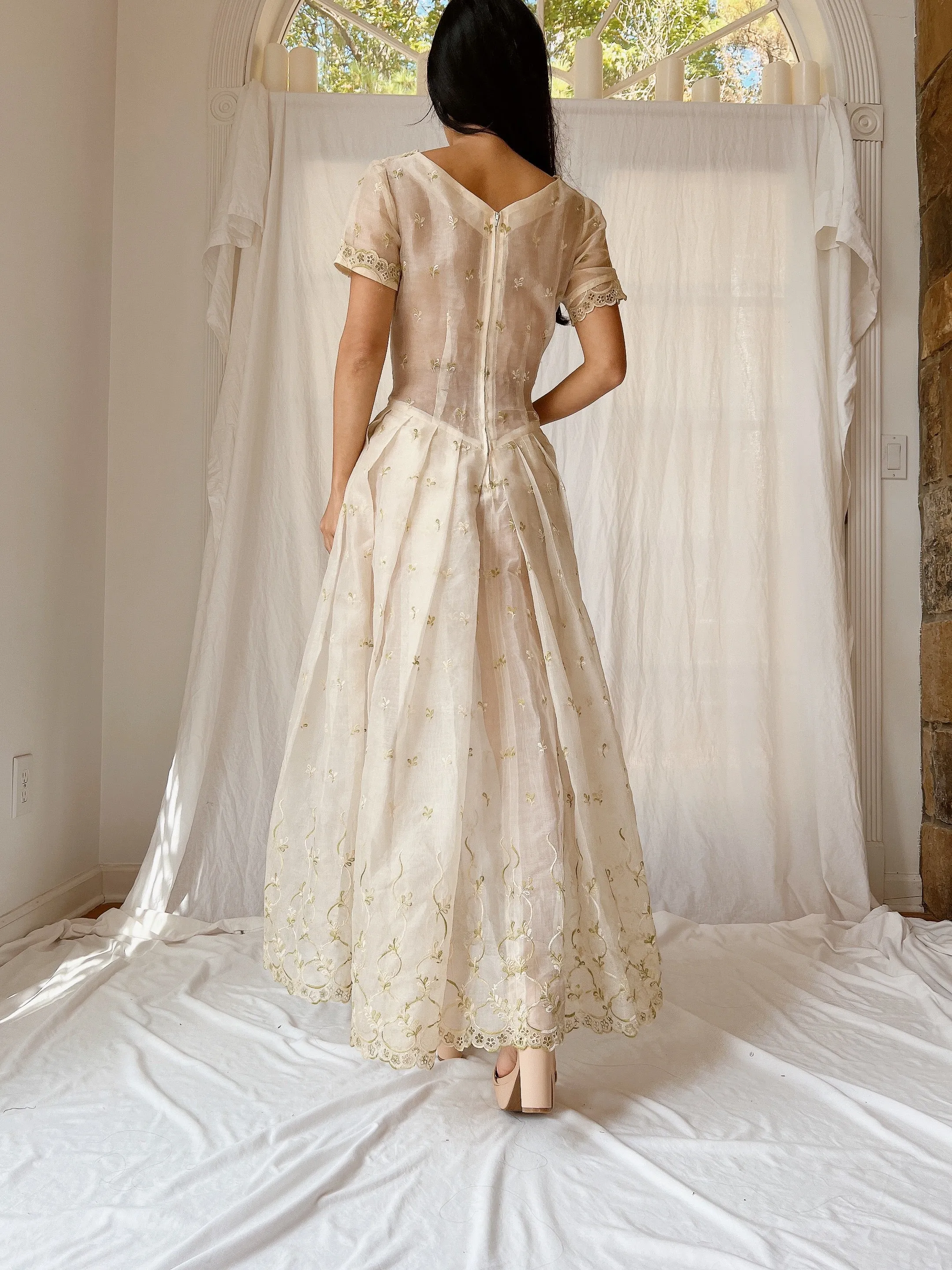 1940s Organdy Embroidered Dress - XS