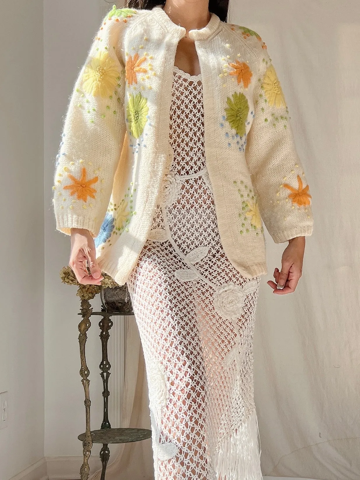 1950s Acrylic Embroidered Cardigan - M