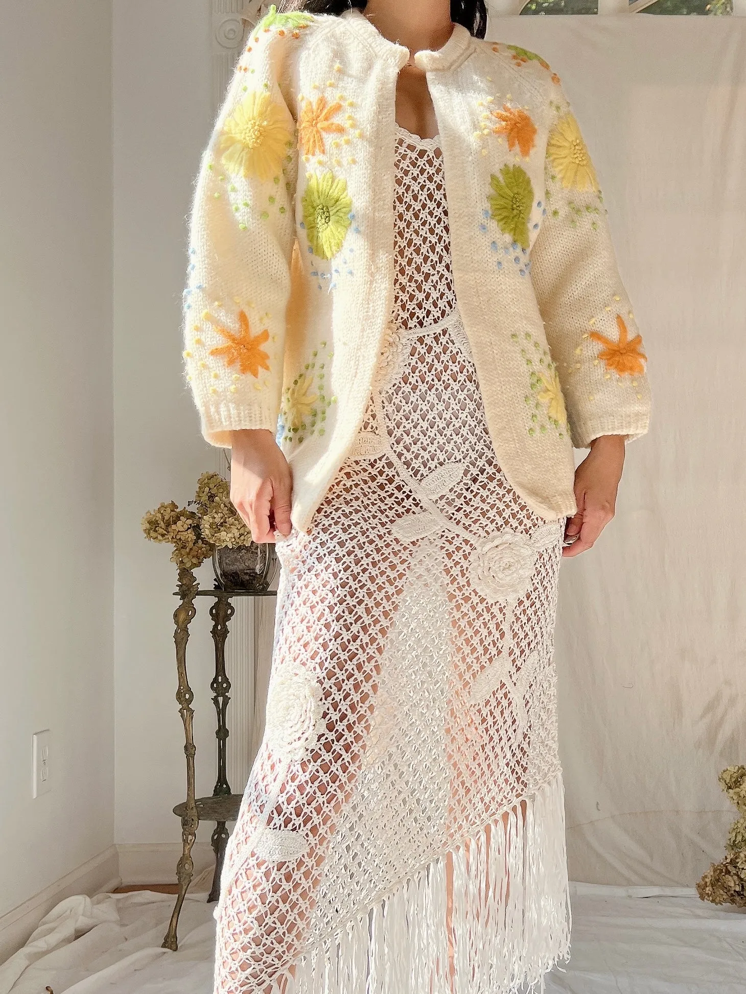 1950s Acrylic Embroidered Cardigan - M
