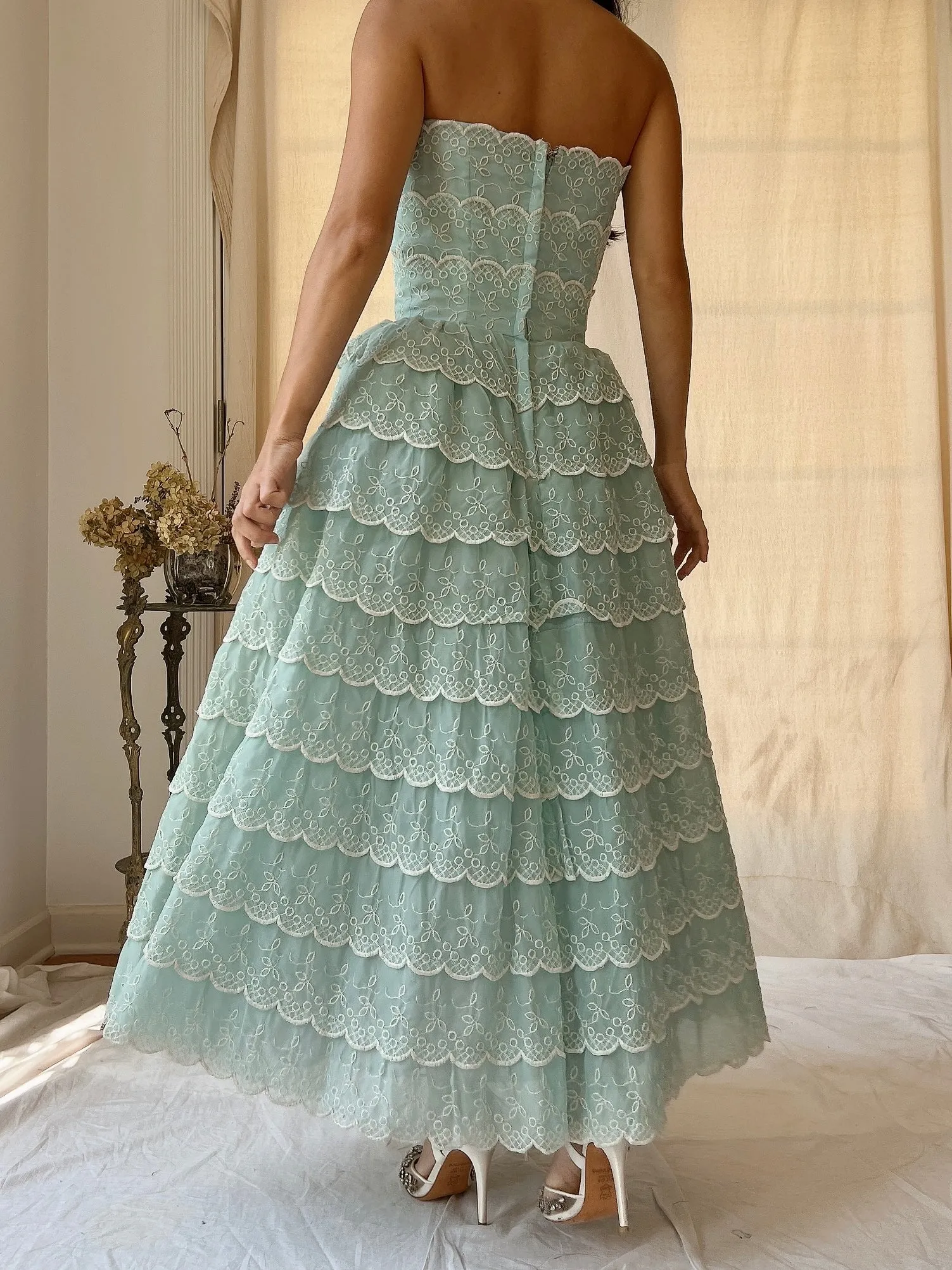 1950s Scalloped Voile Embroidered Dress - XS