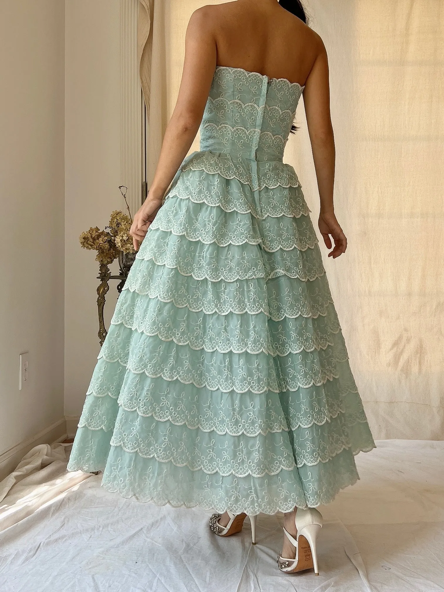 1950s Scalloped Voile Embroidered Dress - XS