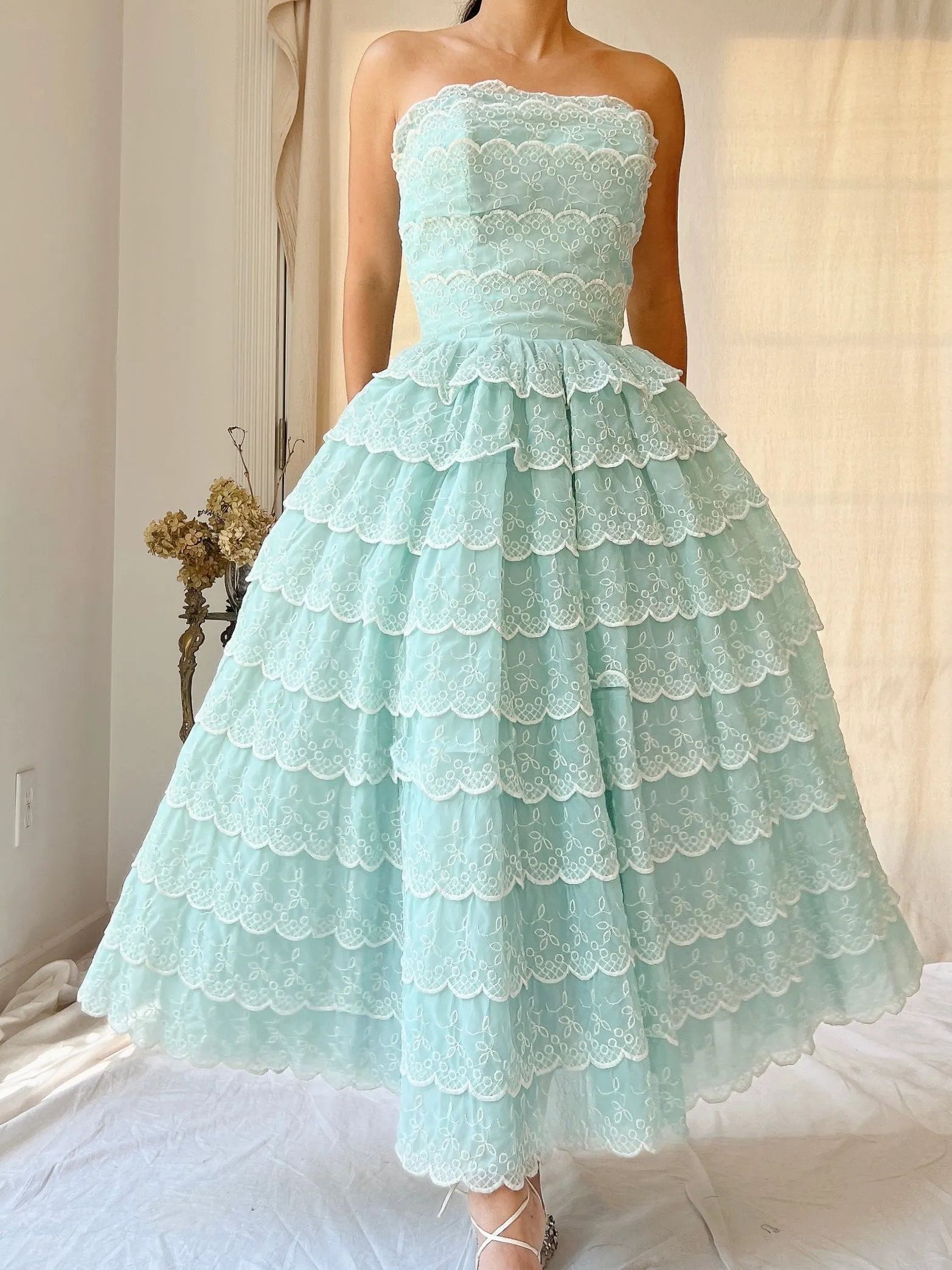 1950s Scalloped Voile Embroidered Dress - XS