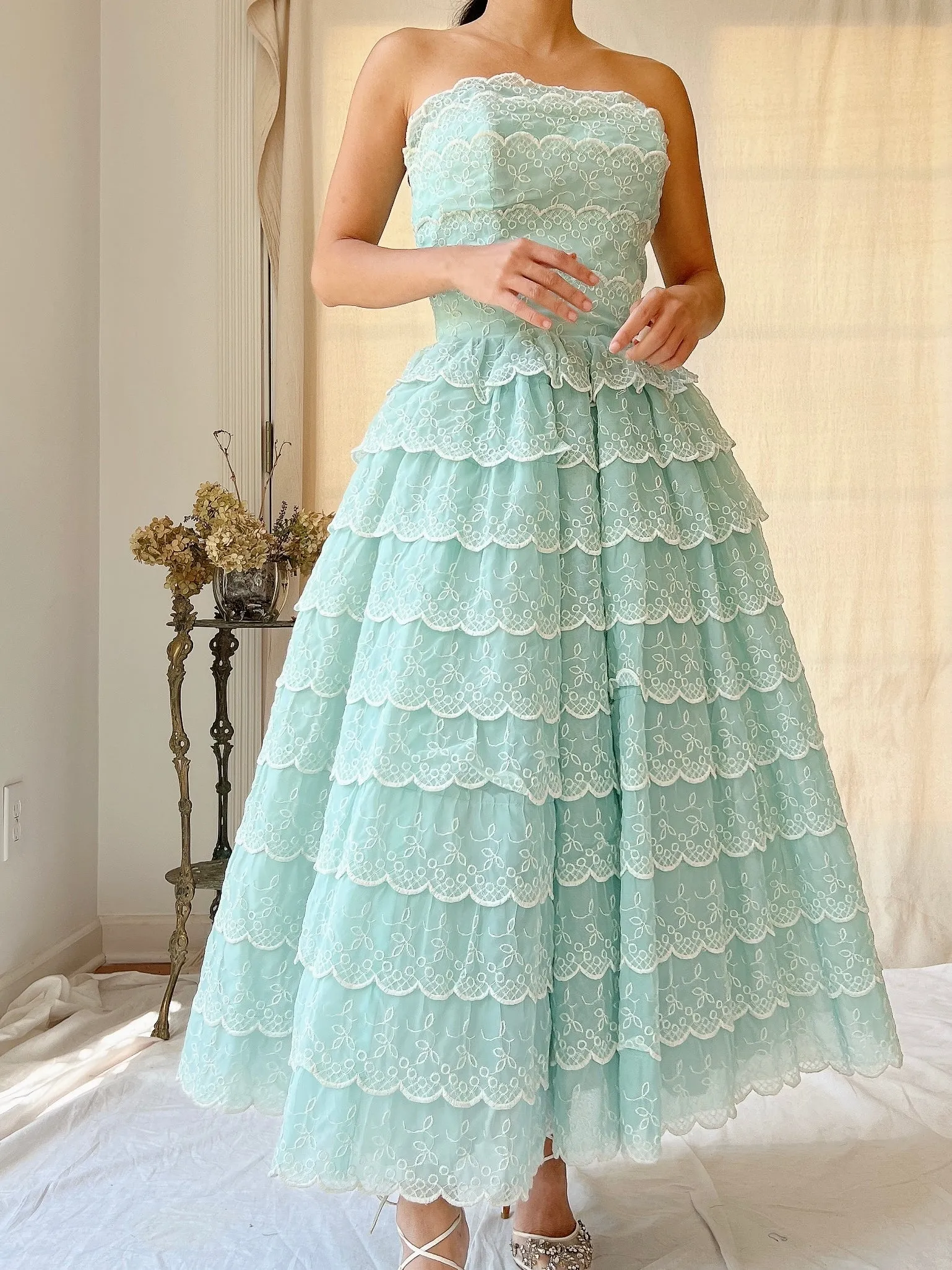 1950s Scalloped Voile Embroidered Dress - XS