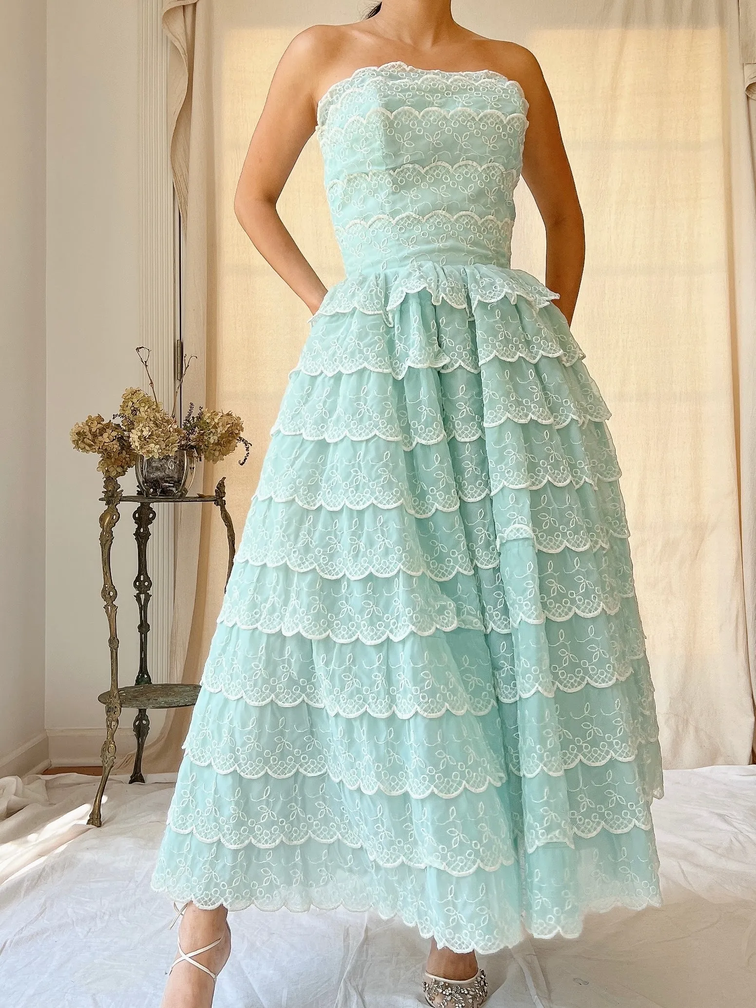 1950s Scalloped Voile Embroidered Dress - XS