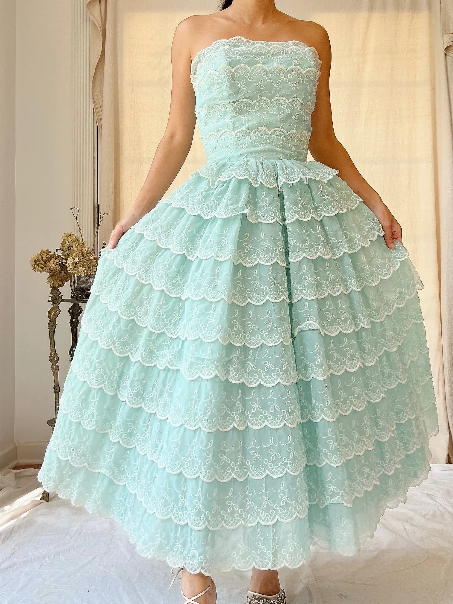 1950s Scalloped Voile Embroidered Dress - XS