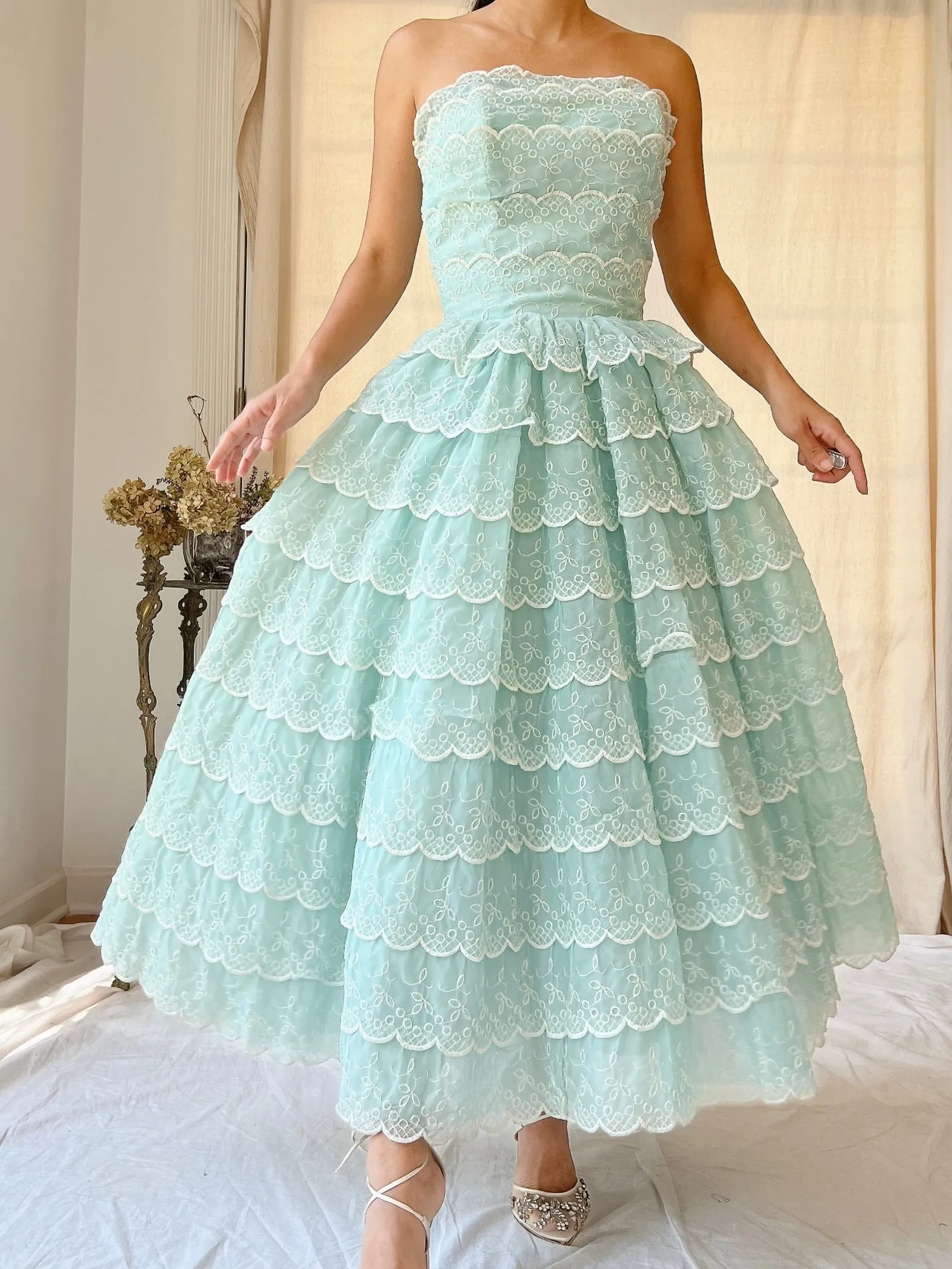 1950s Scalloped Voile Embroidered Dress - XS
