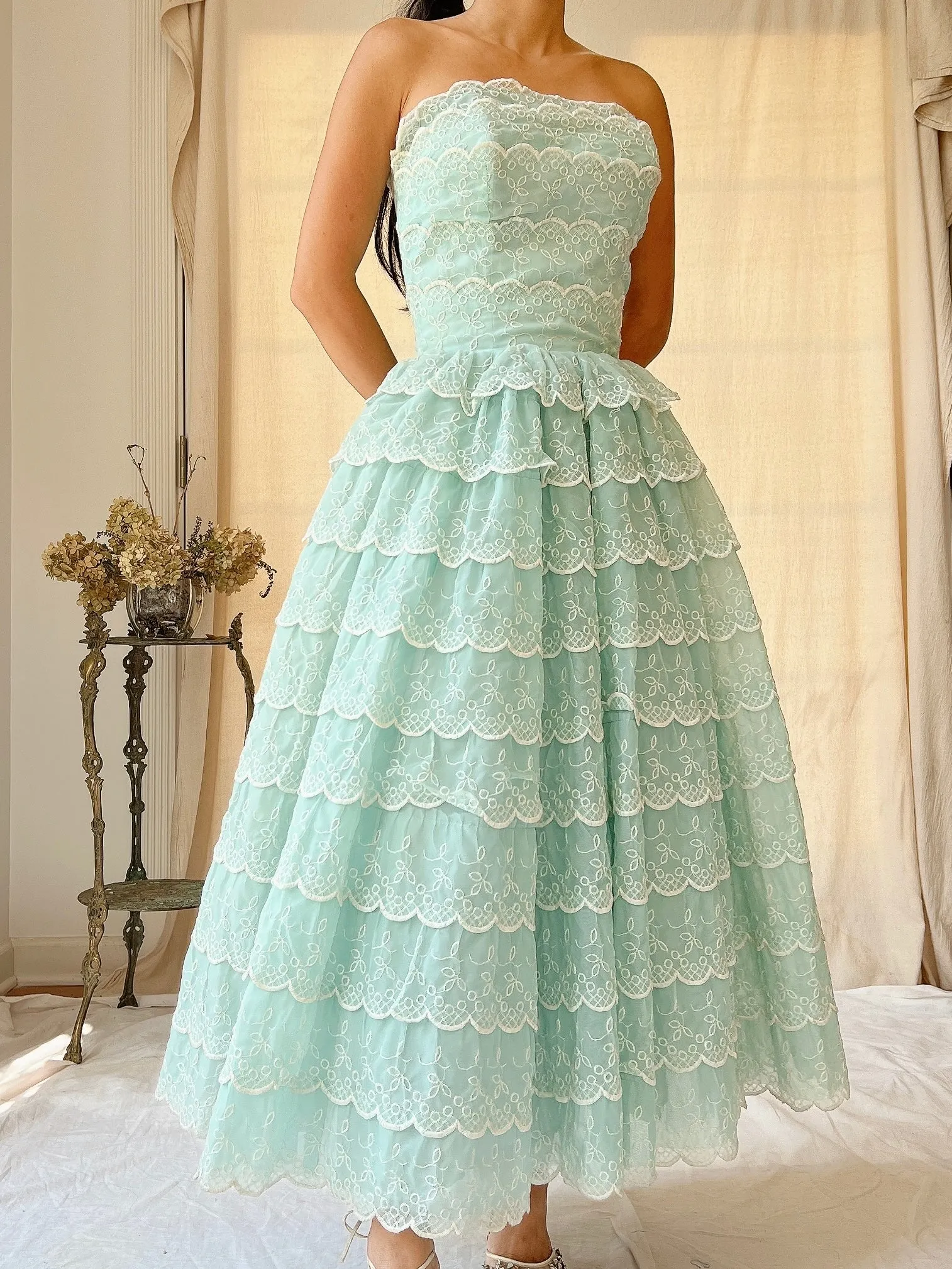 1950s Scalloped Voile Embroidered Dress - XS