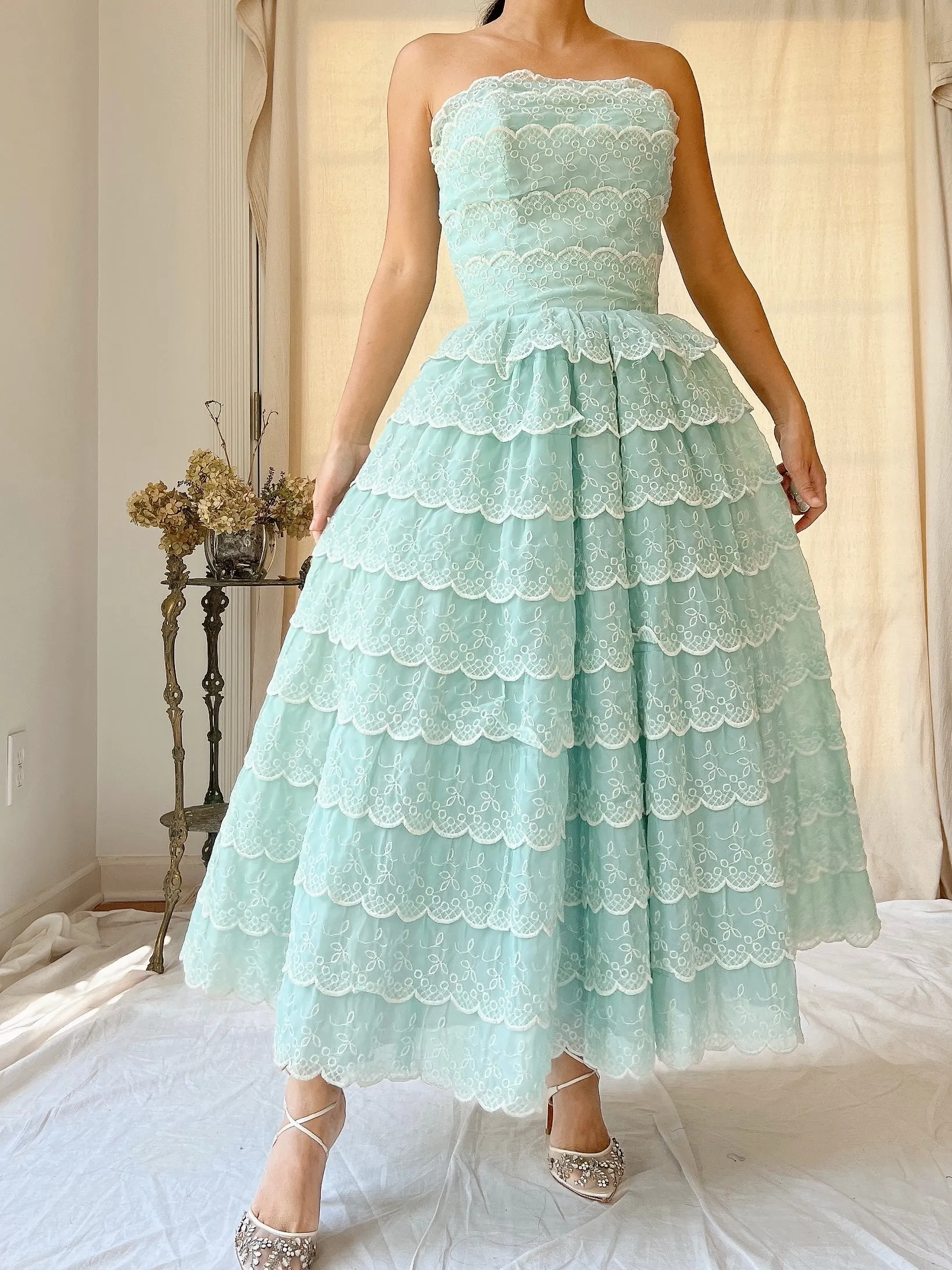 1950s Scalloped Voile Embroidered Dress - XS