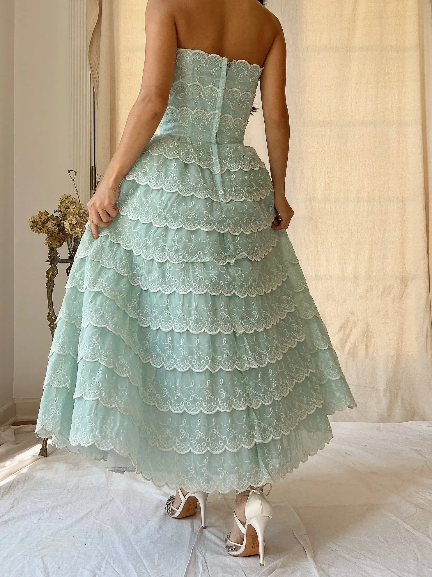 1950s Scalloped Voile Embroidered Dress - XS
