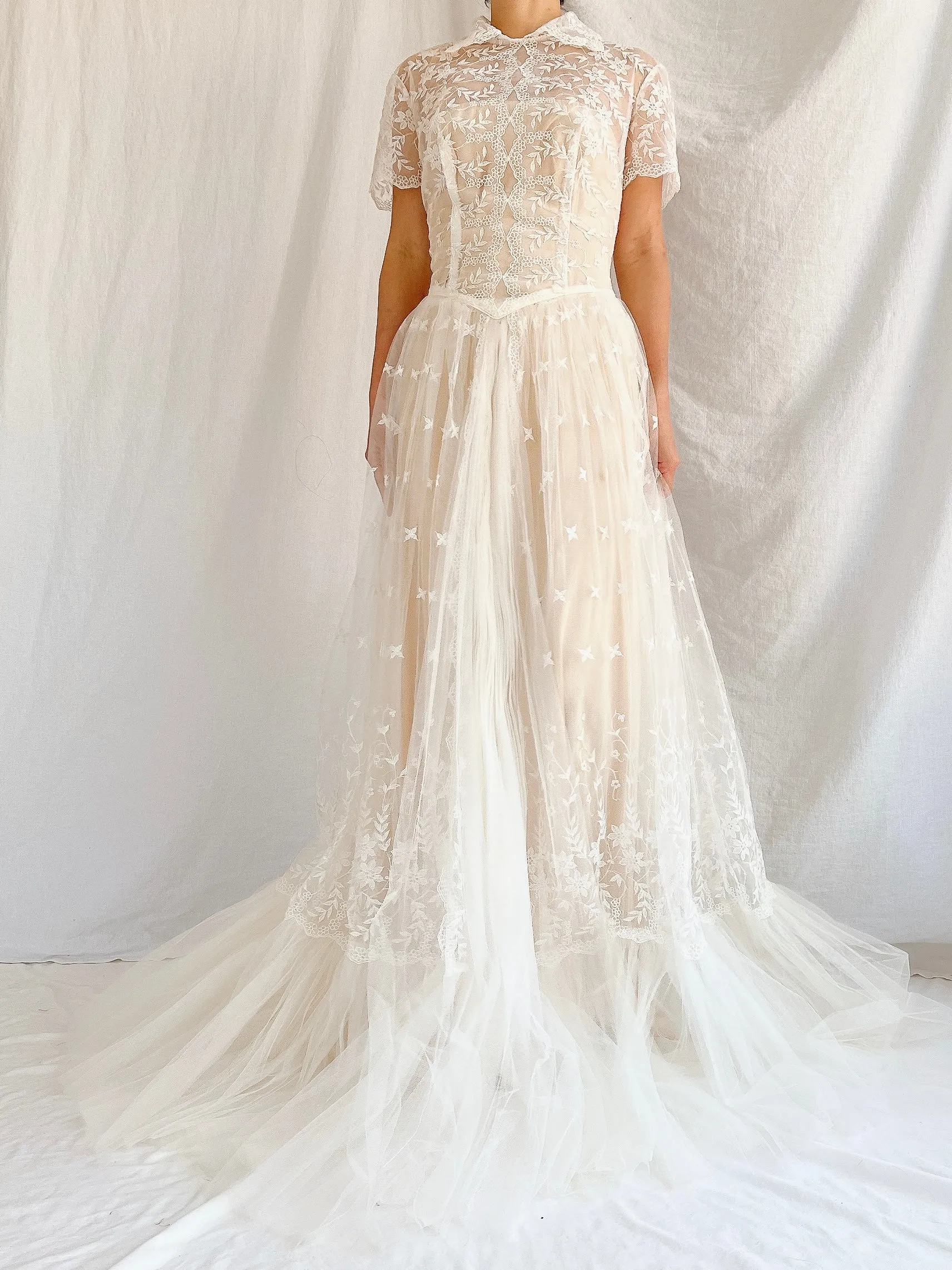 1950s Sheer Embroidered Tulle Gown - S