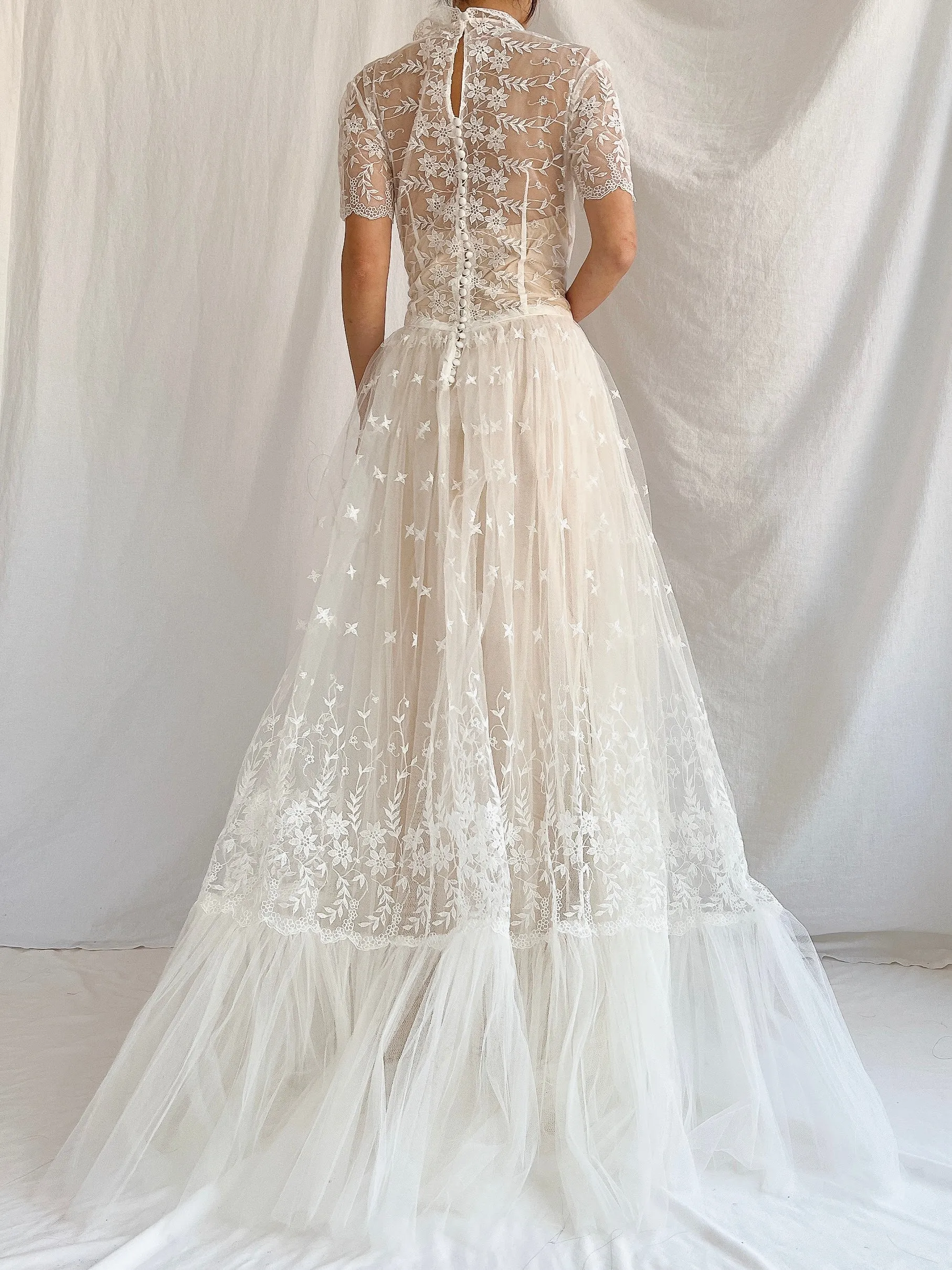 1950s Sheer Embroidered Tulle Gown - S