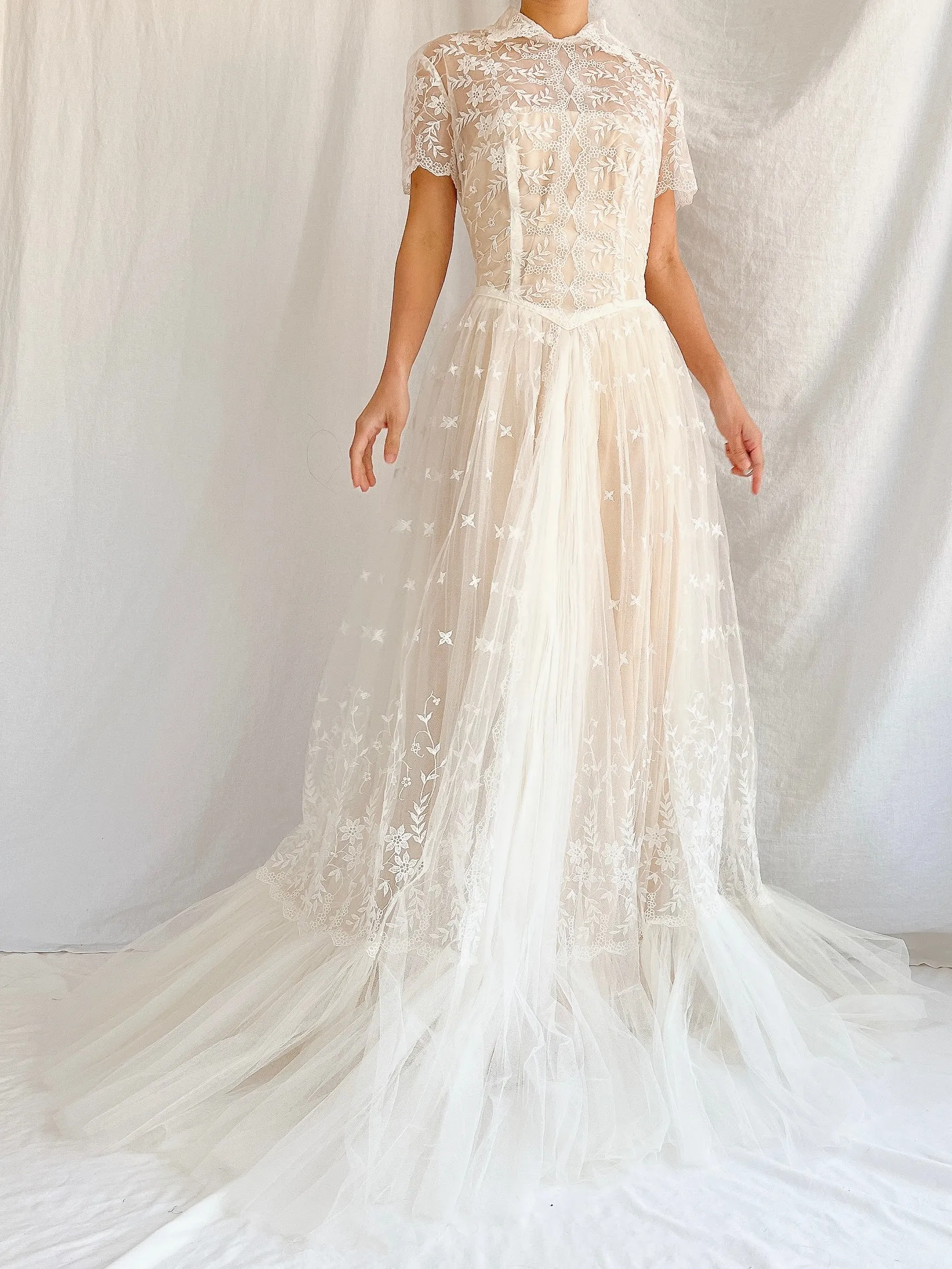 1950s Sheer Embroidered Tulle Gown - S