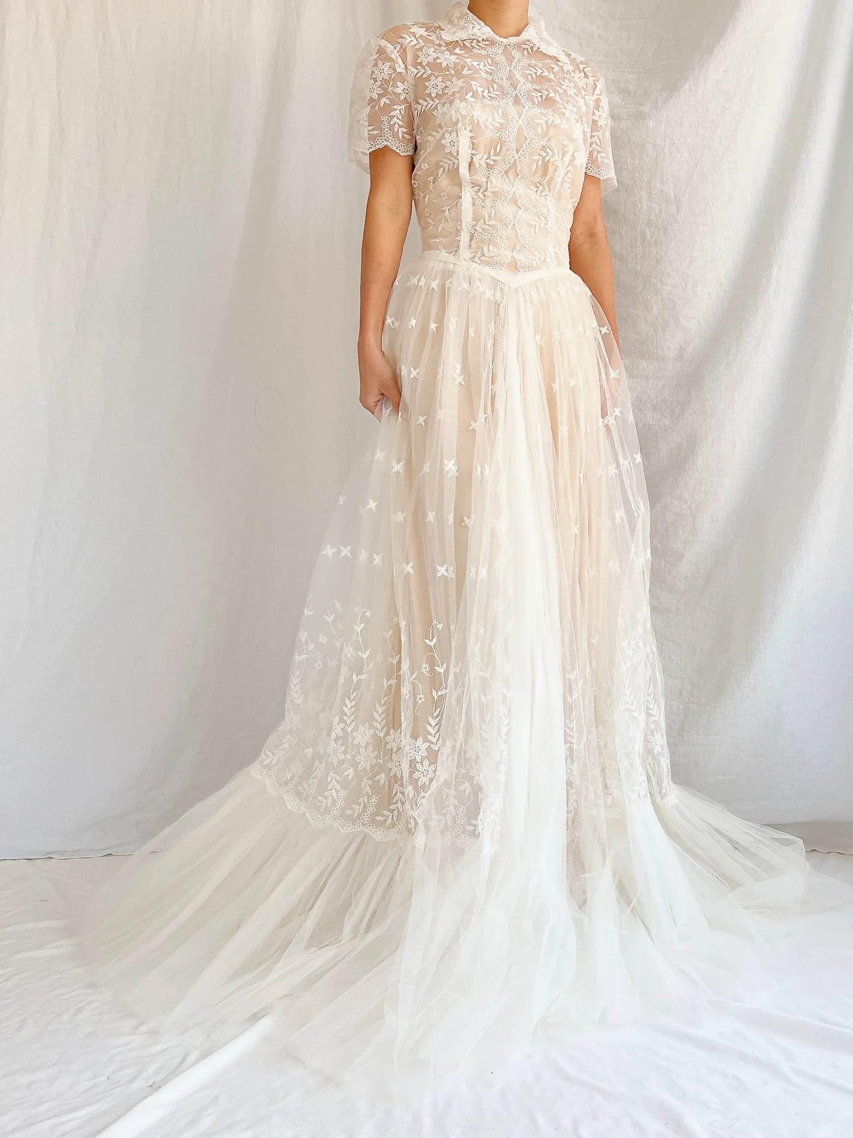 1950s Sheer Embroidered Tulle Gown - S