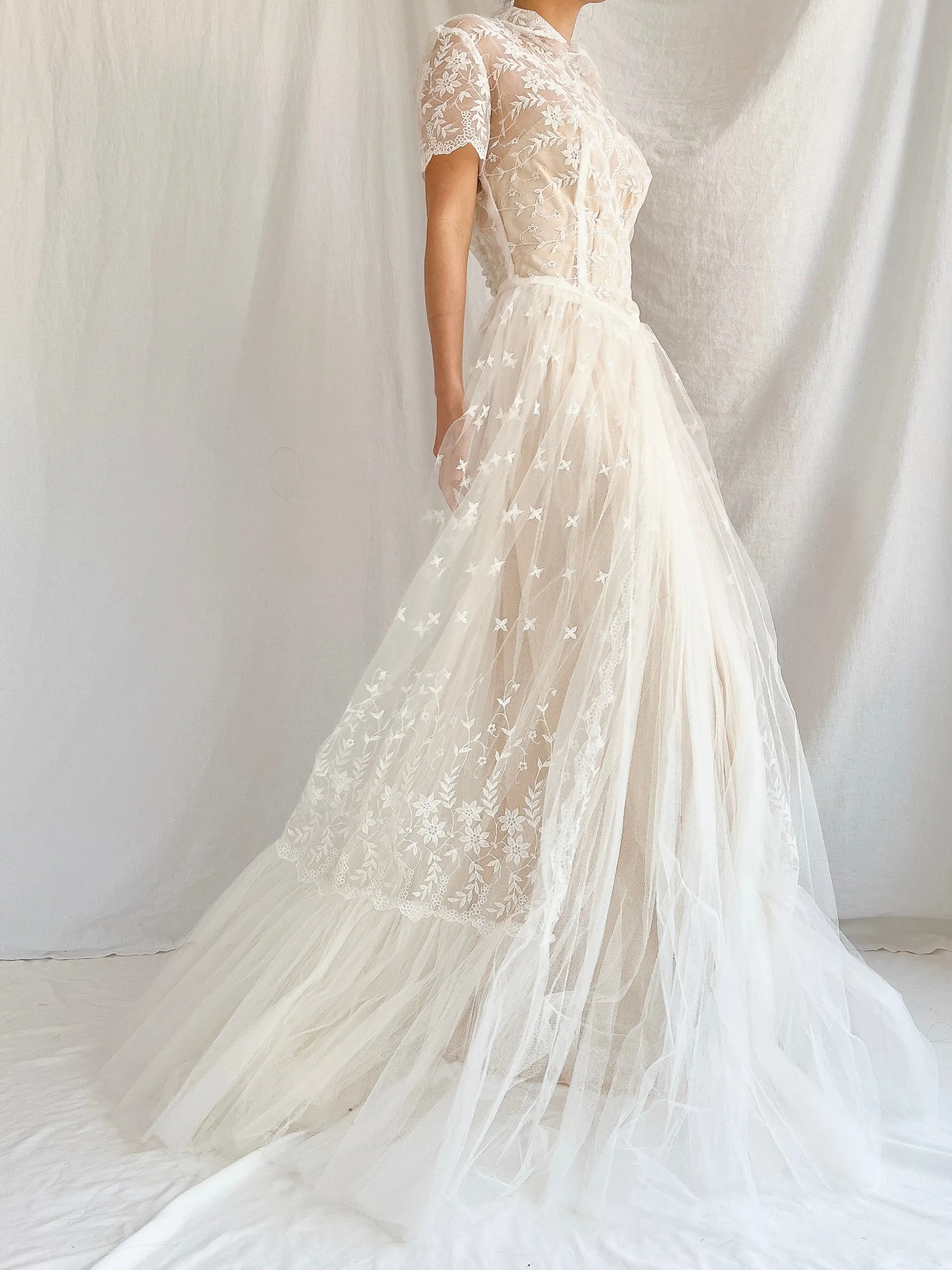 1950s Sheer Embroidered Tulle Gown - S