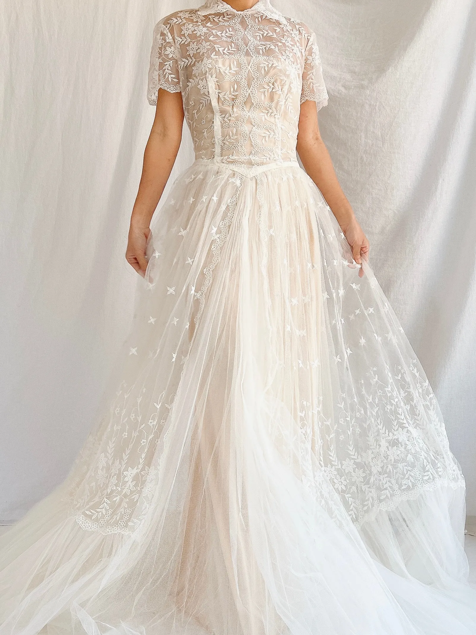 1950s Sheer Embroidered Tulle Gown - S