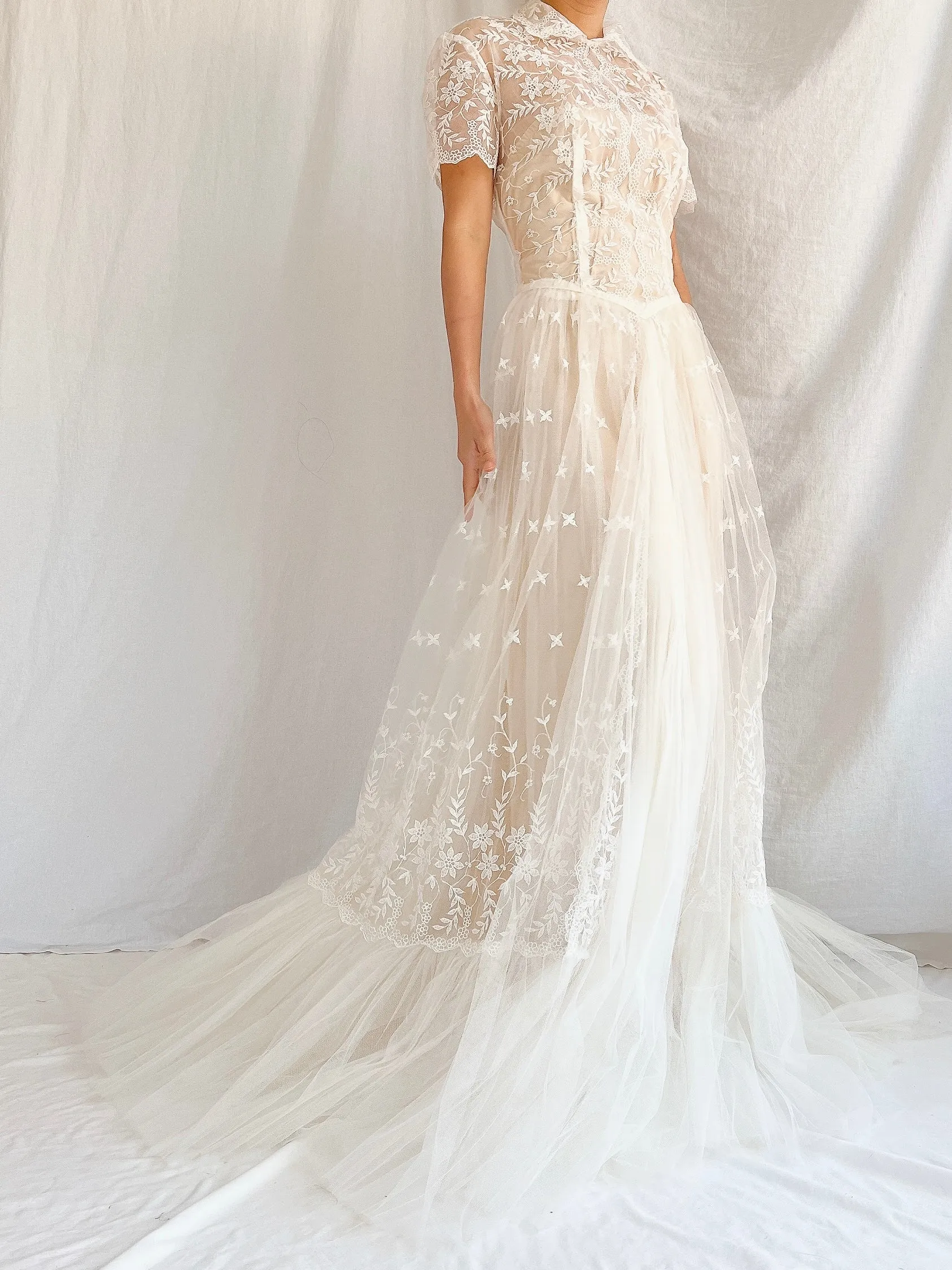 1950s Sheer Embroidered Tulle Gown - S