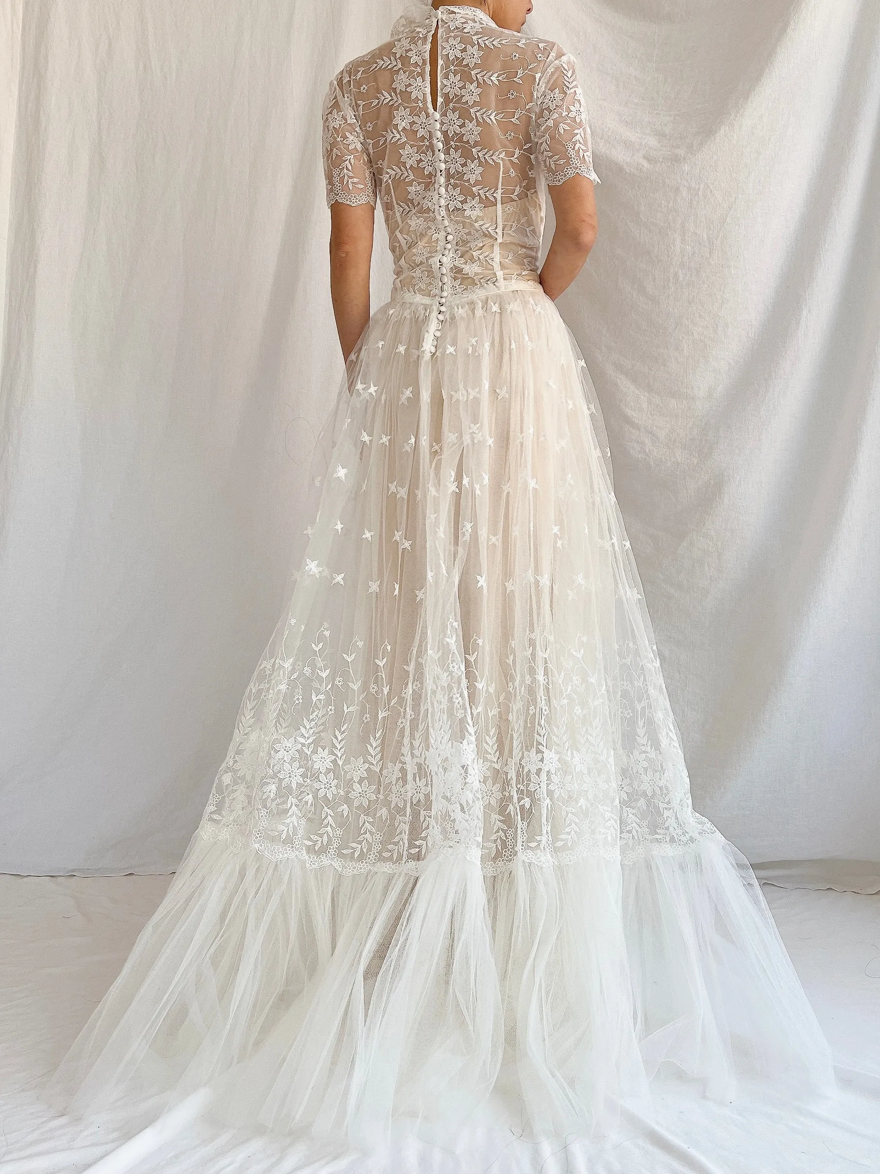 1950s Sheer Embroidered Tulle Gown - S