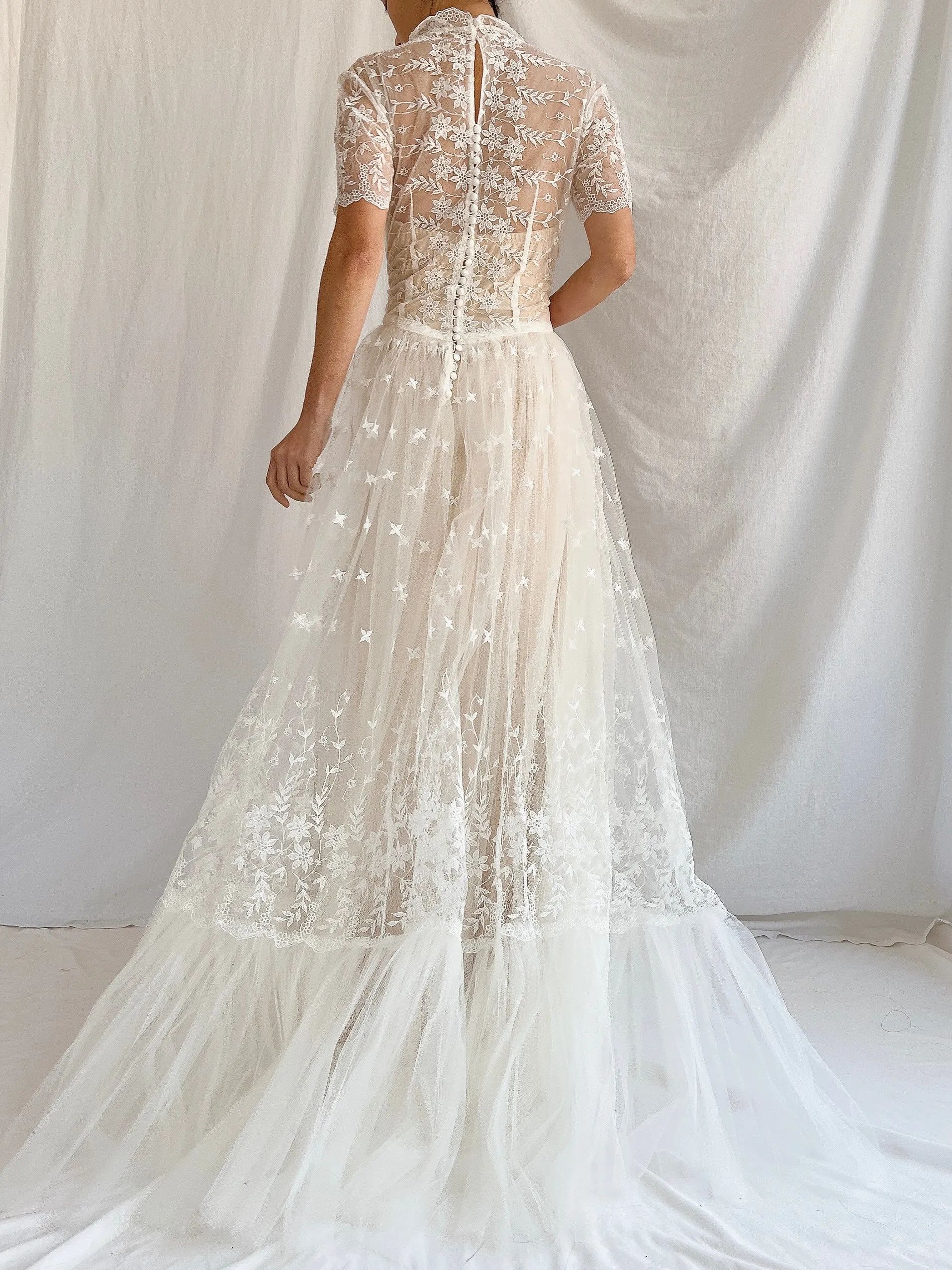 1950s Sheer Embroidered Tulle Gown - S
