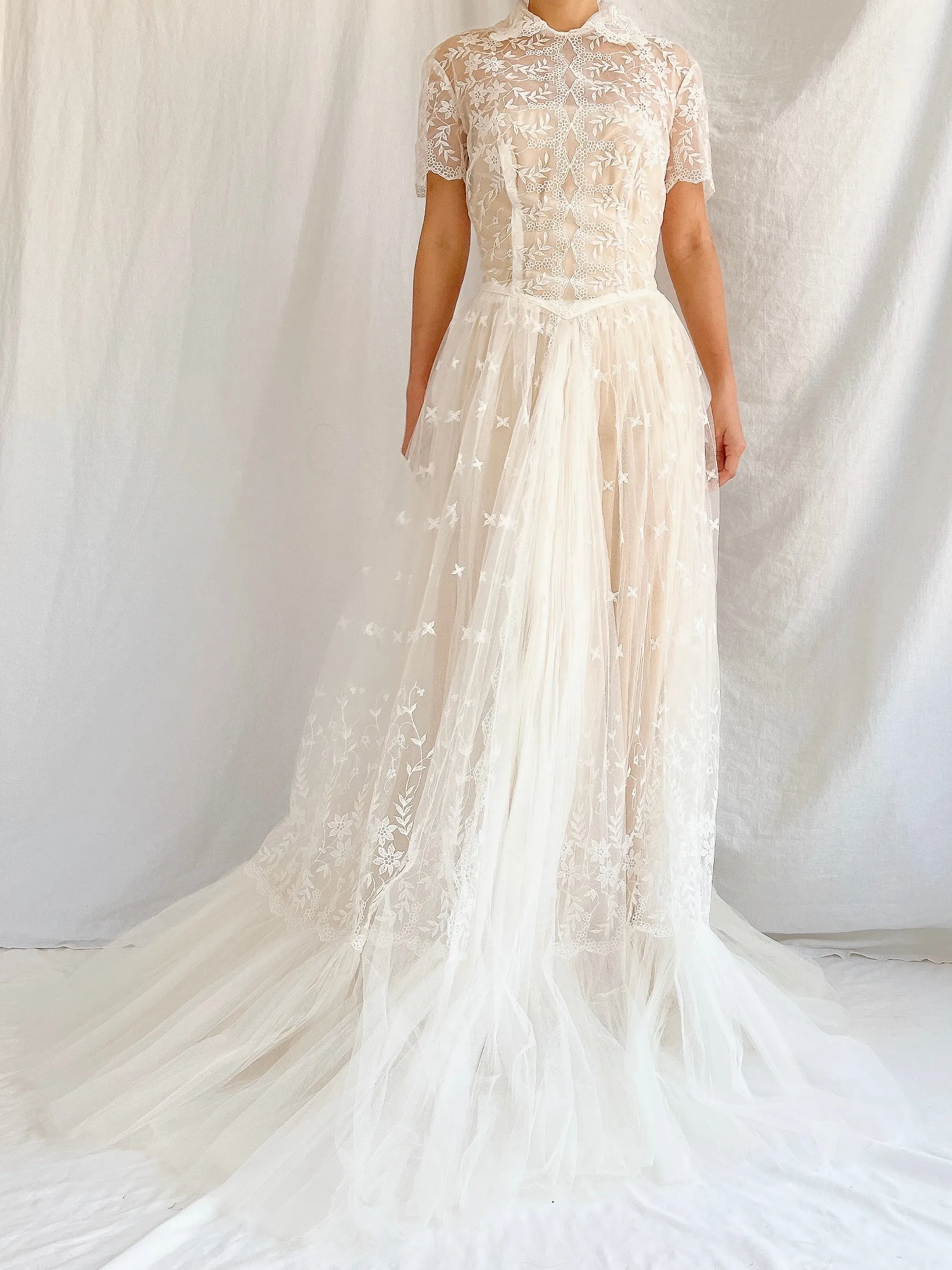1950s Sheer Embroidered Tulle Gown - S