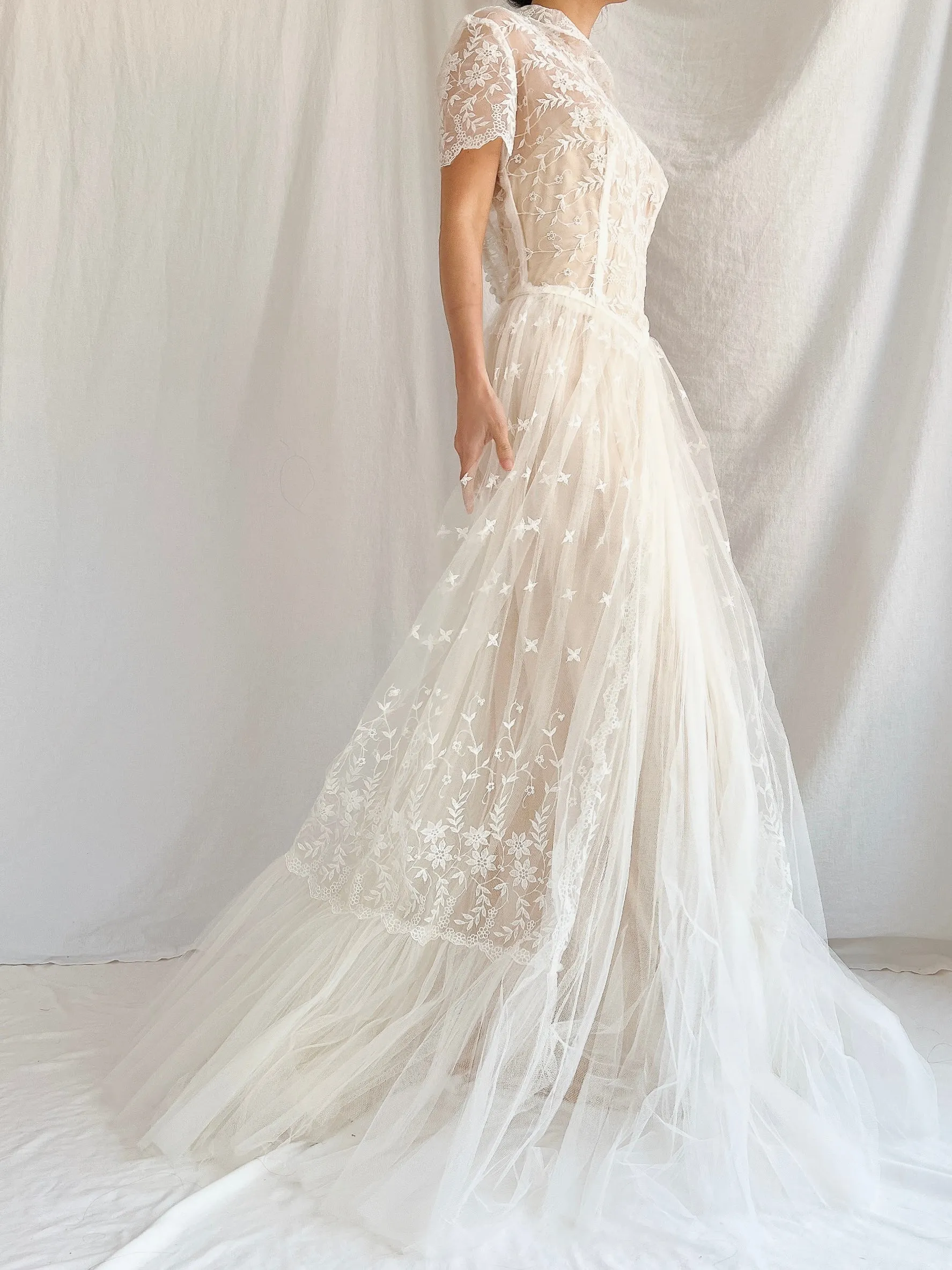 1950s Sheer Embroidered Tulle Gown - S