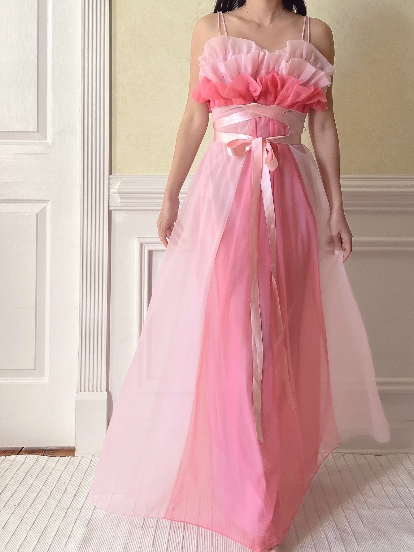 1950s Tricot Nylon Ruffle Gown - XS