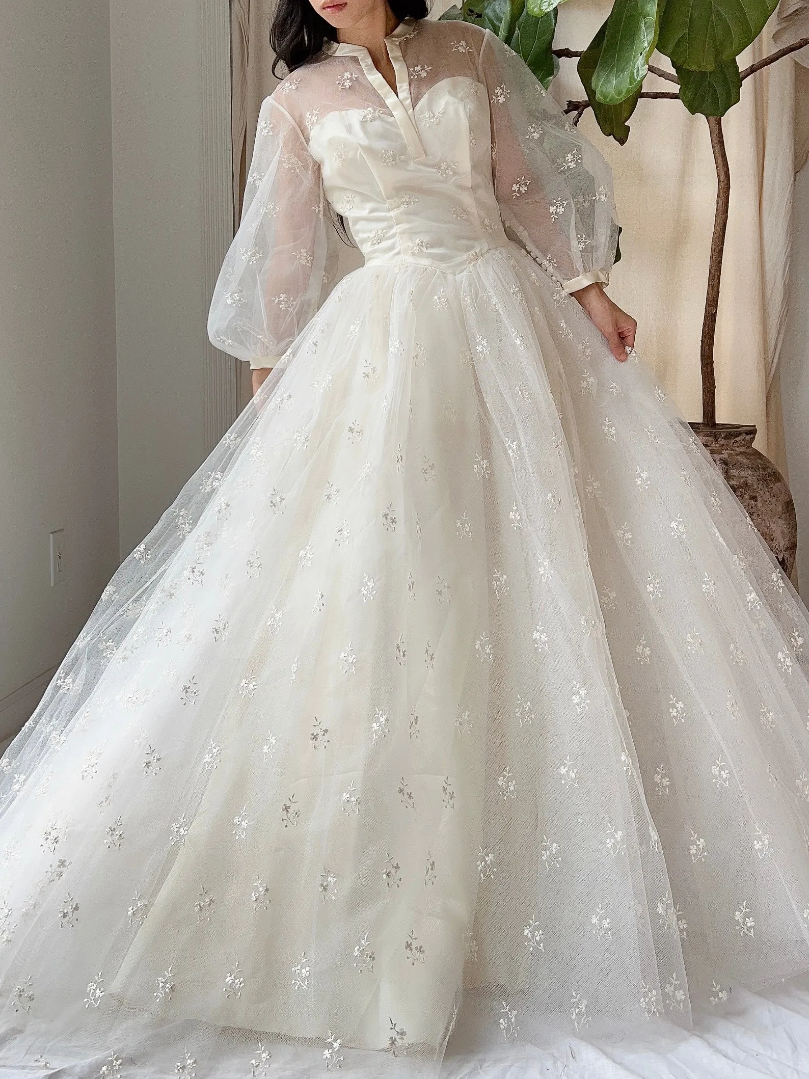 1950s Tulle Puff Sleeve Embroidered Dress - XS