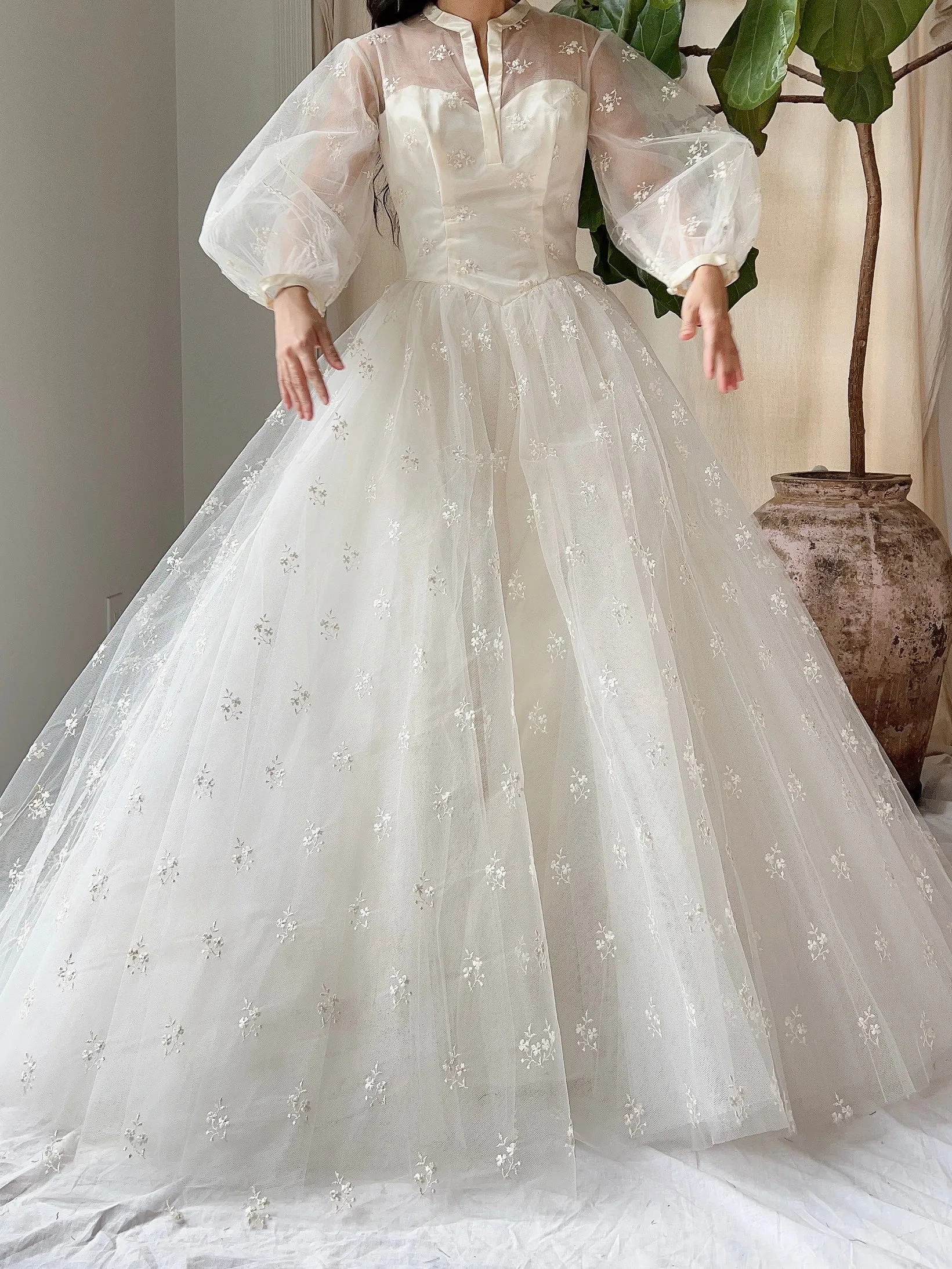 1950s Tulle Puff Sleeve Embroidered Dress - XS