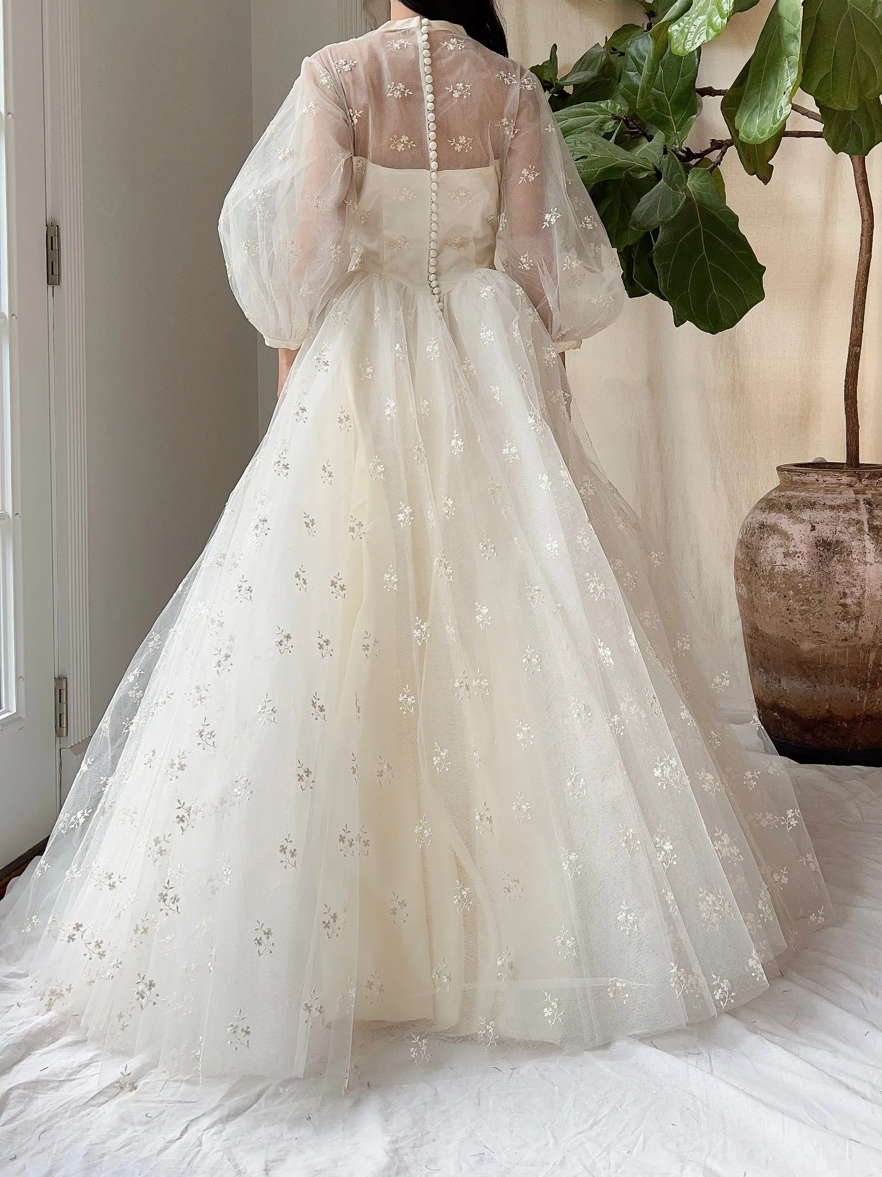 1950s Tulle Puff Sleeve Embroidered Dress - XS