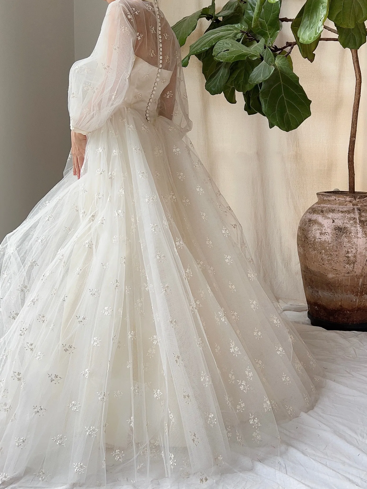 1950s Tulle Puff Sleeve Embroidered Dress - XS