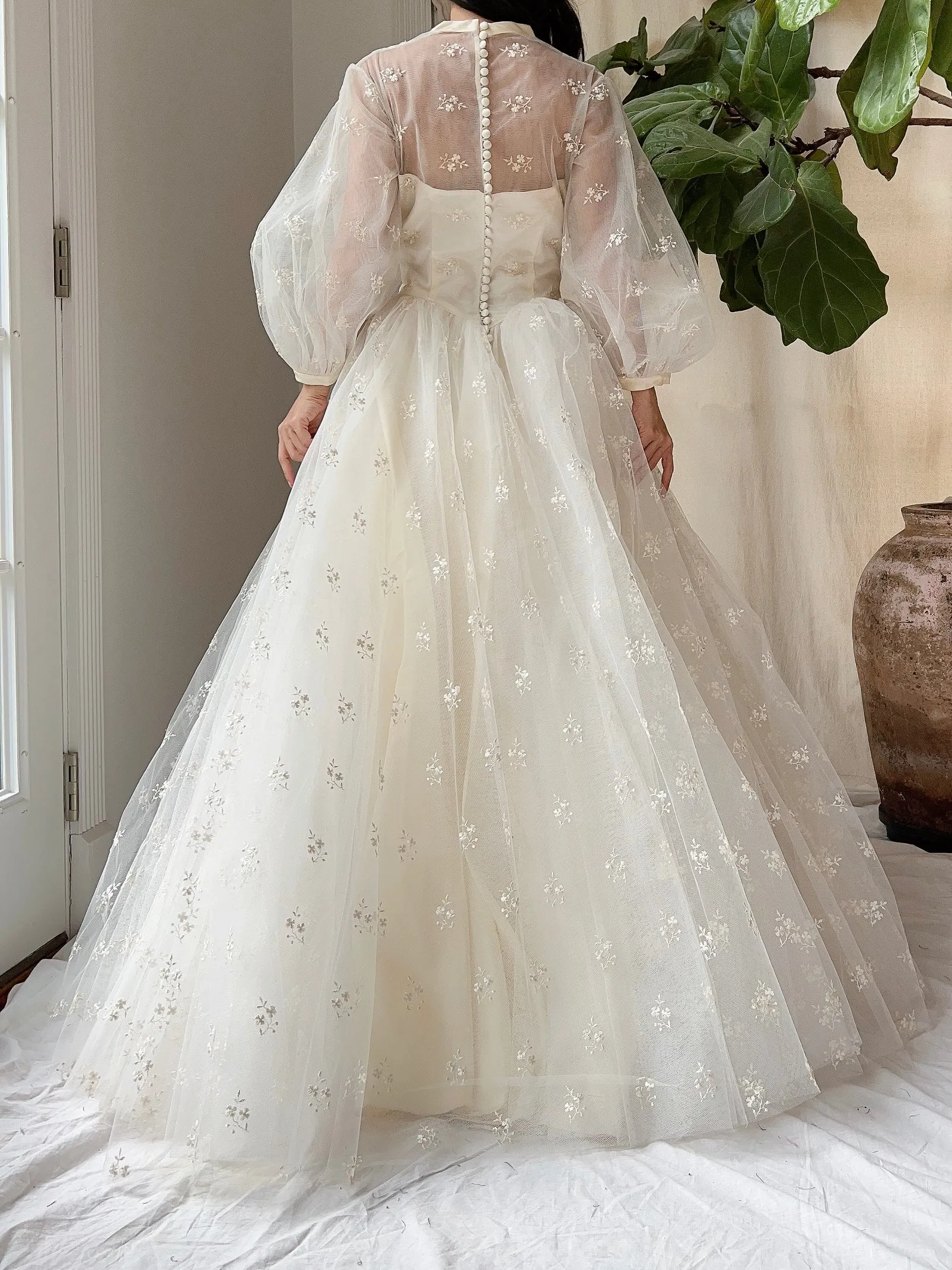 1950s Tulle Puff Sleeve Embroidered Dress - XS