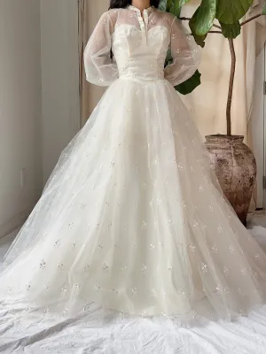 1950s Tulle Puff Sleeve Embroidered Dress - XS