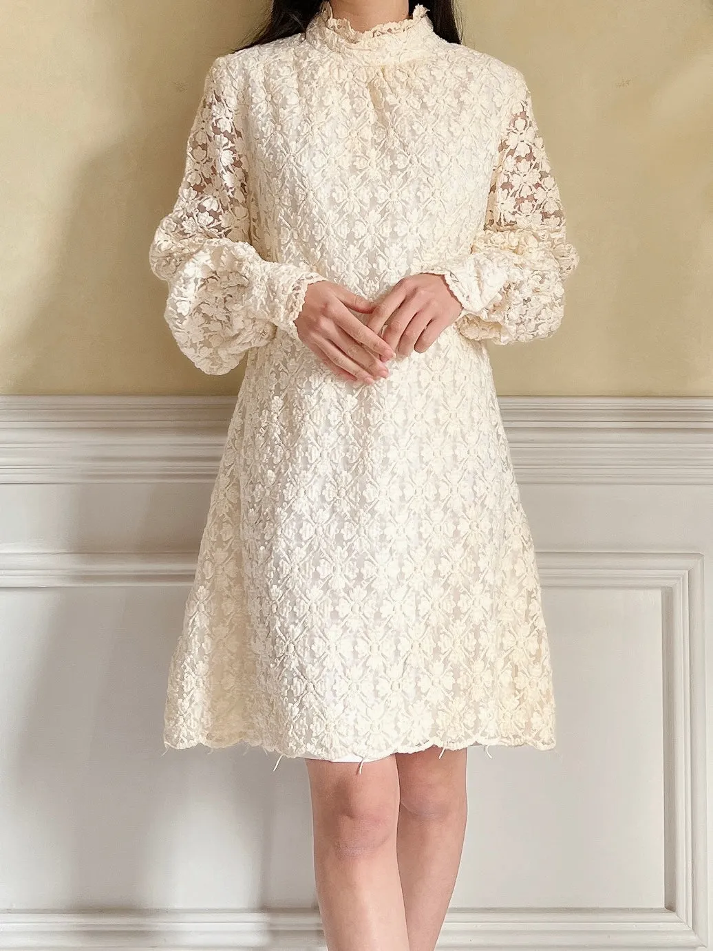 1960s Puff Sleeve Embroidered Dress - M