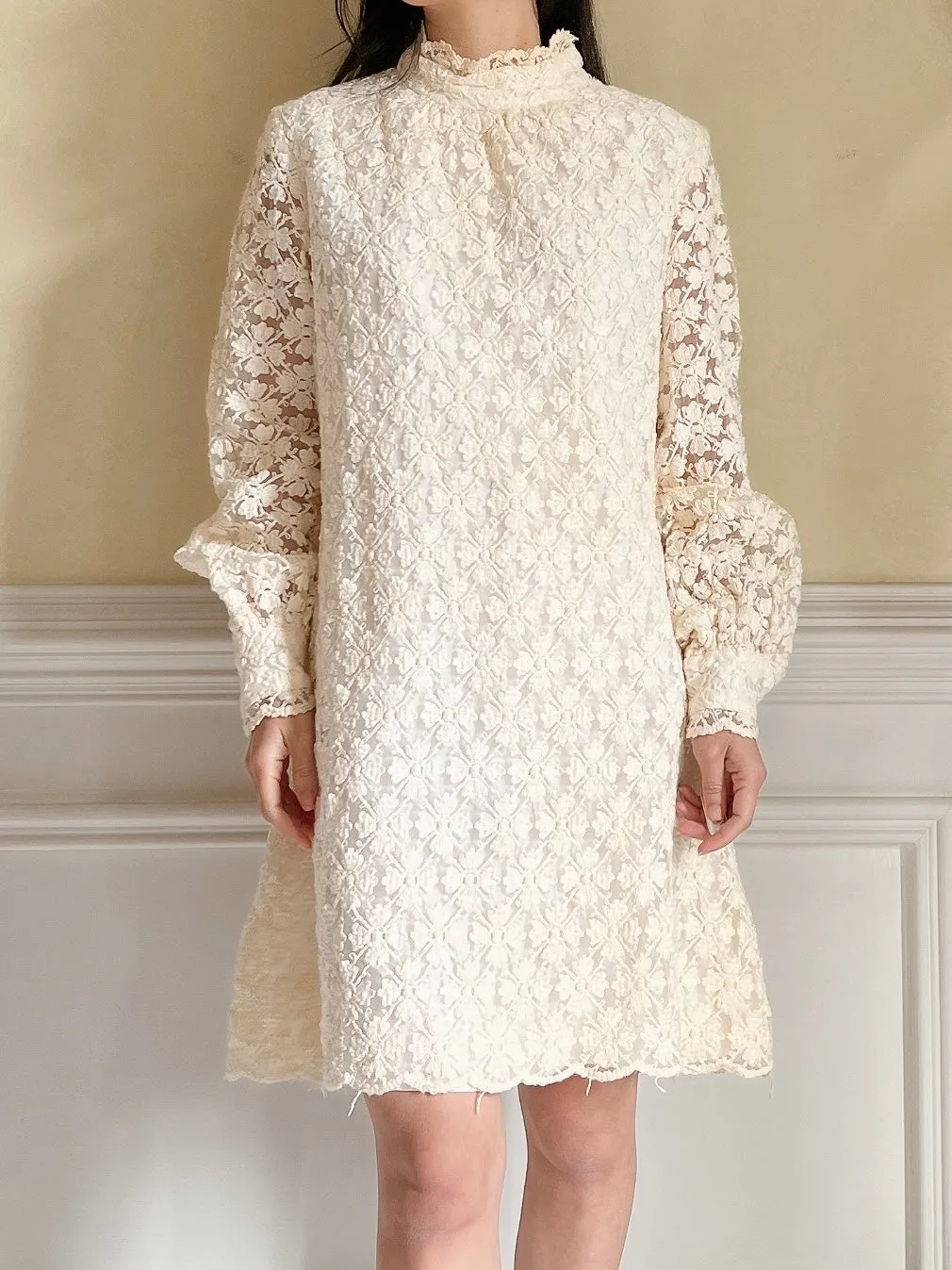 1960s Puff Sleeve Embroidered Dress - M