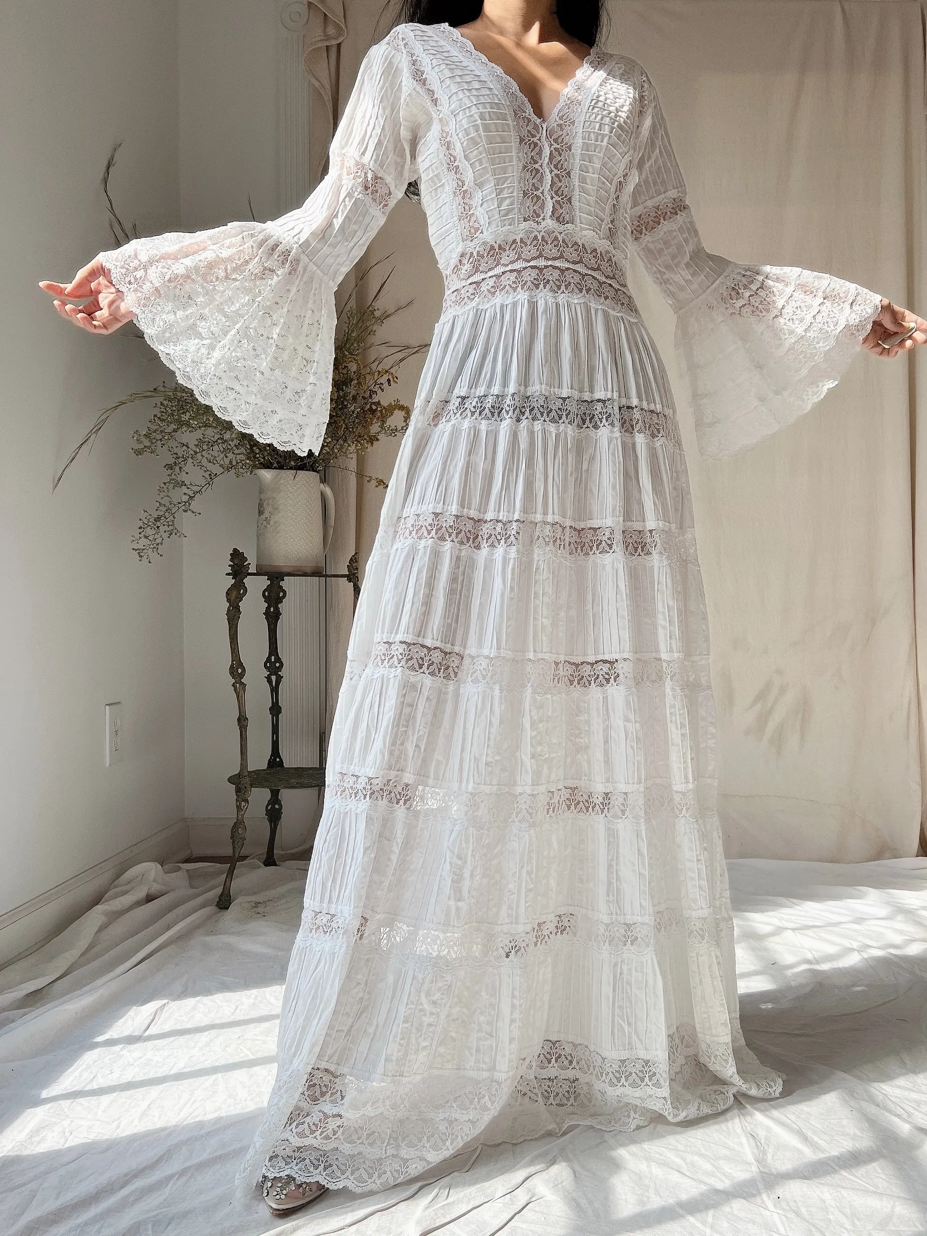 1970s Bell Sleeves Cotton Gown - XS