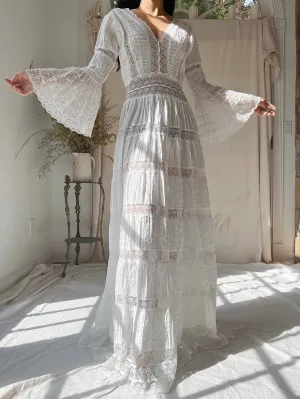 1970s Bell Sleeves Cotton Gown - XS