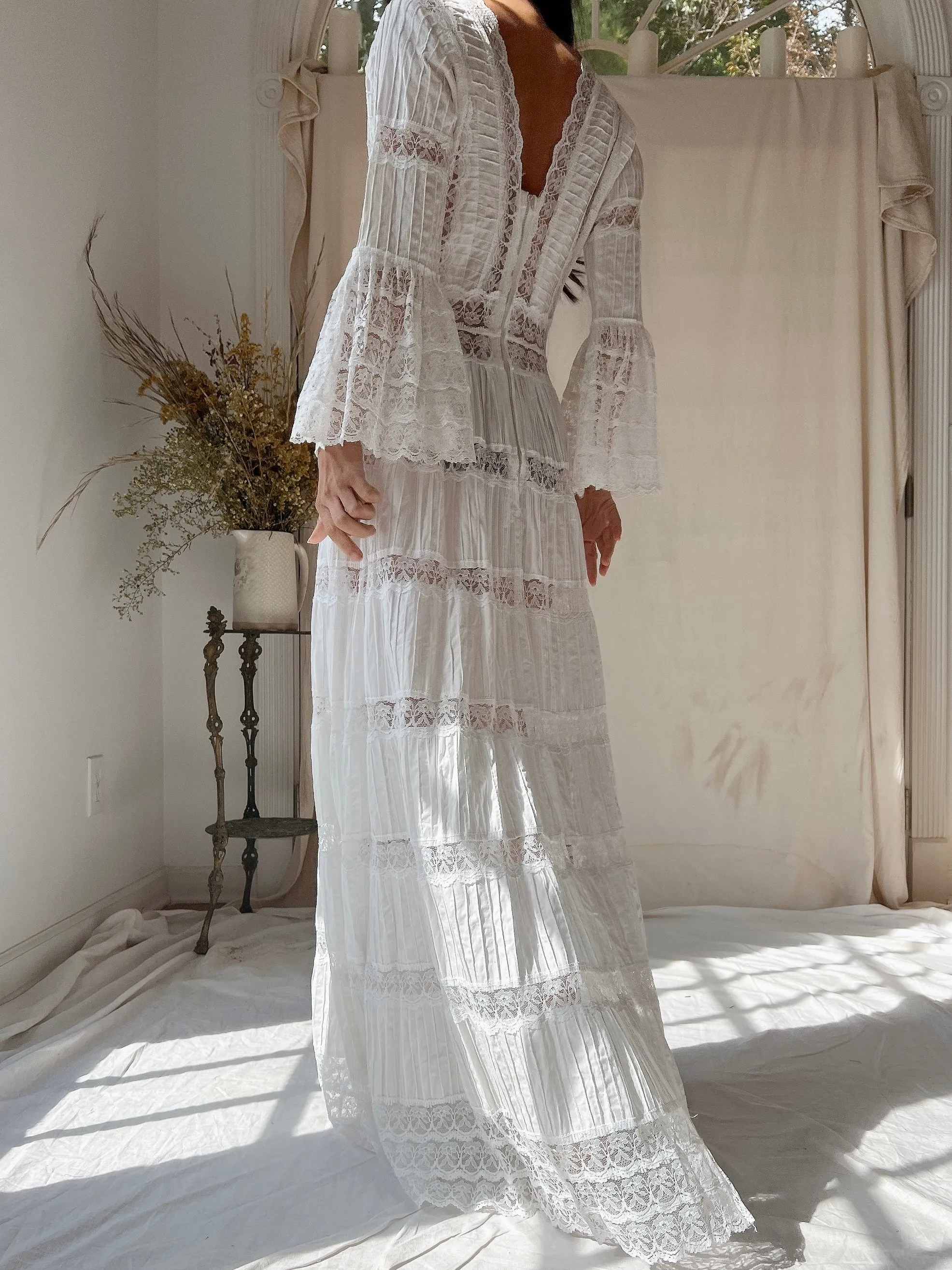 1970s Bell Sleeves Cotton Gown - XS