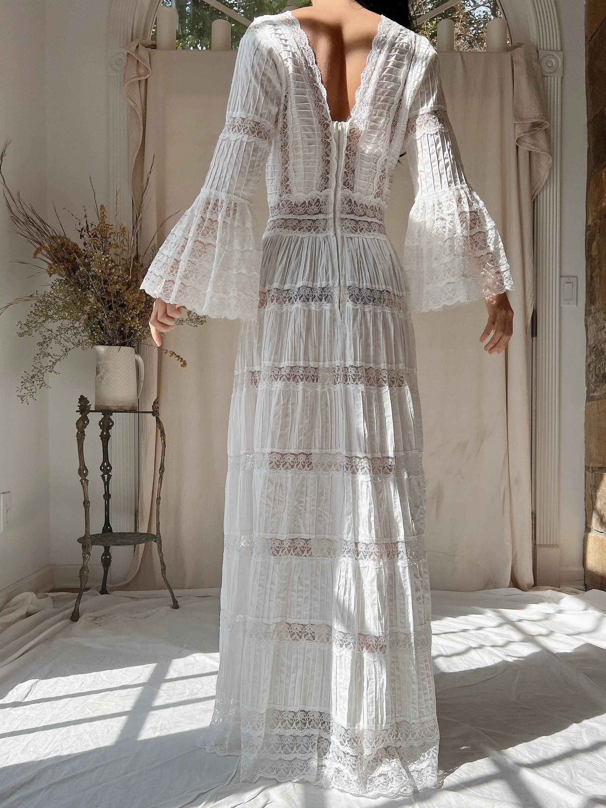 1970s Bell Sleeves Cotton Gown - XS