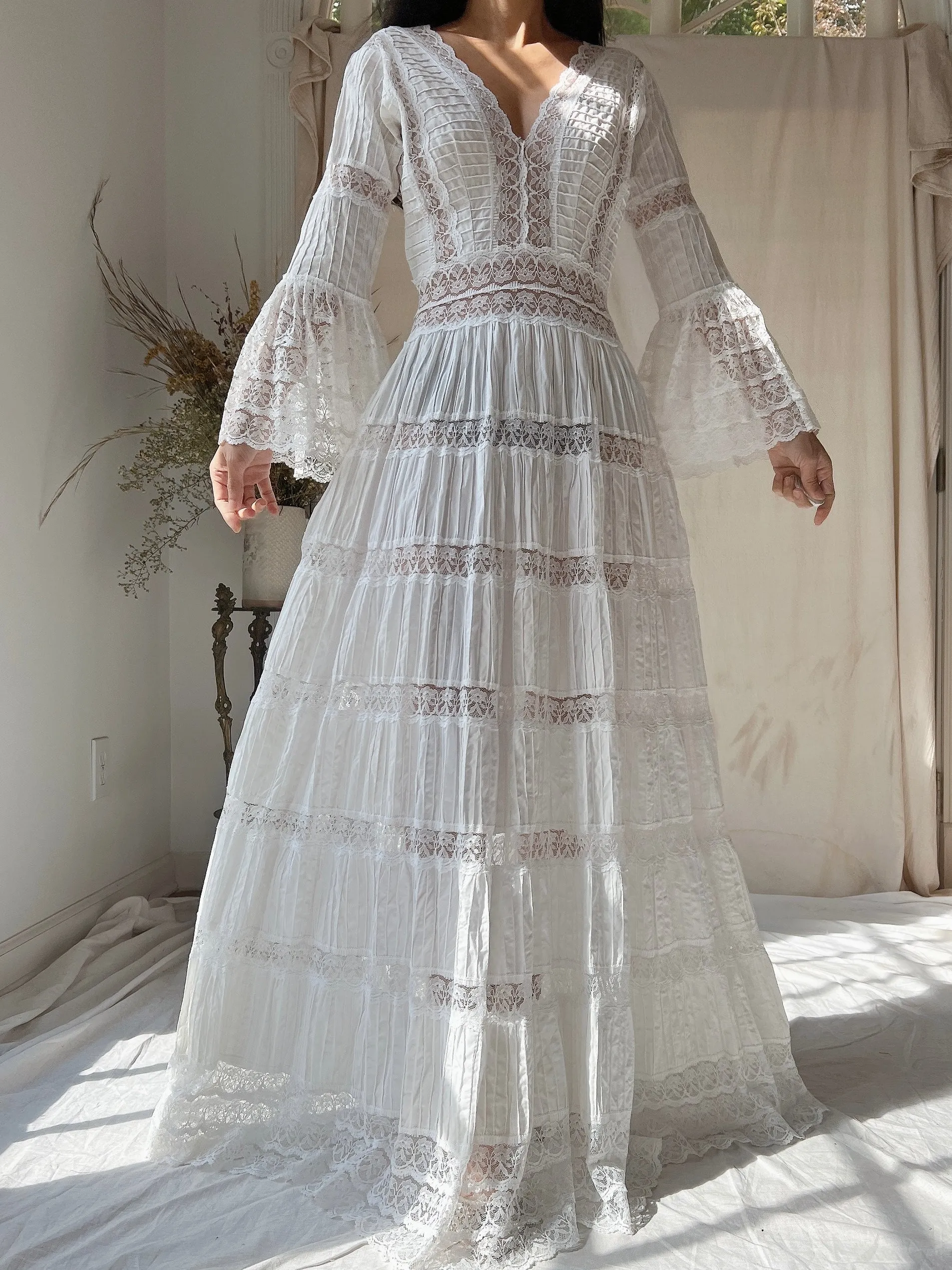 1970s Bell Sleeves Cotton Gown - XS