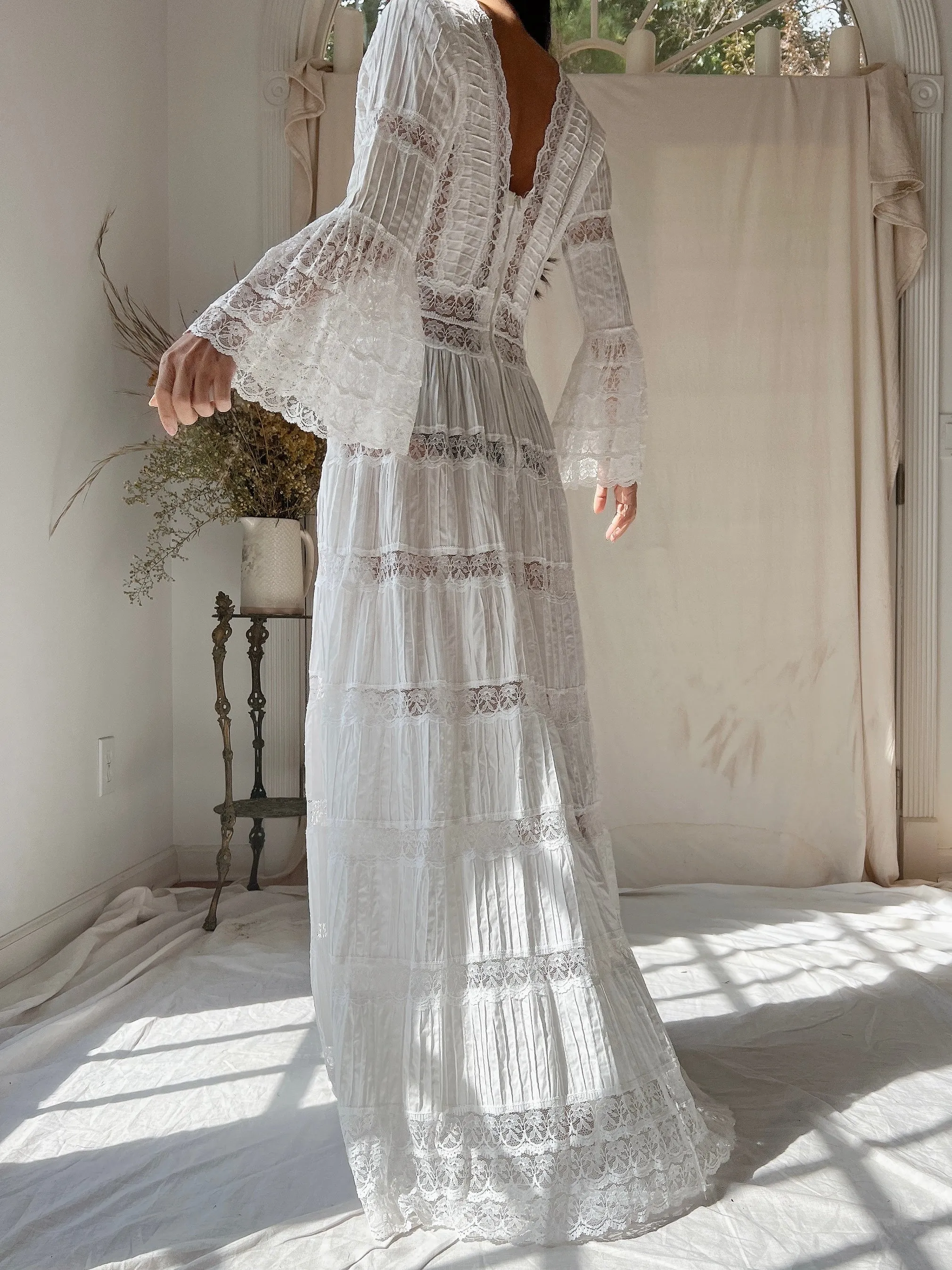 1970s Bell Sleeves Cotton Gown - XS