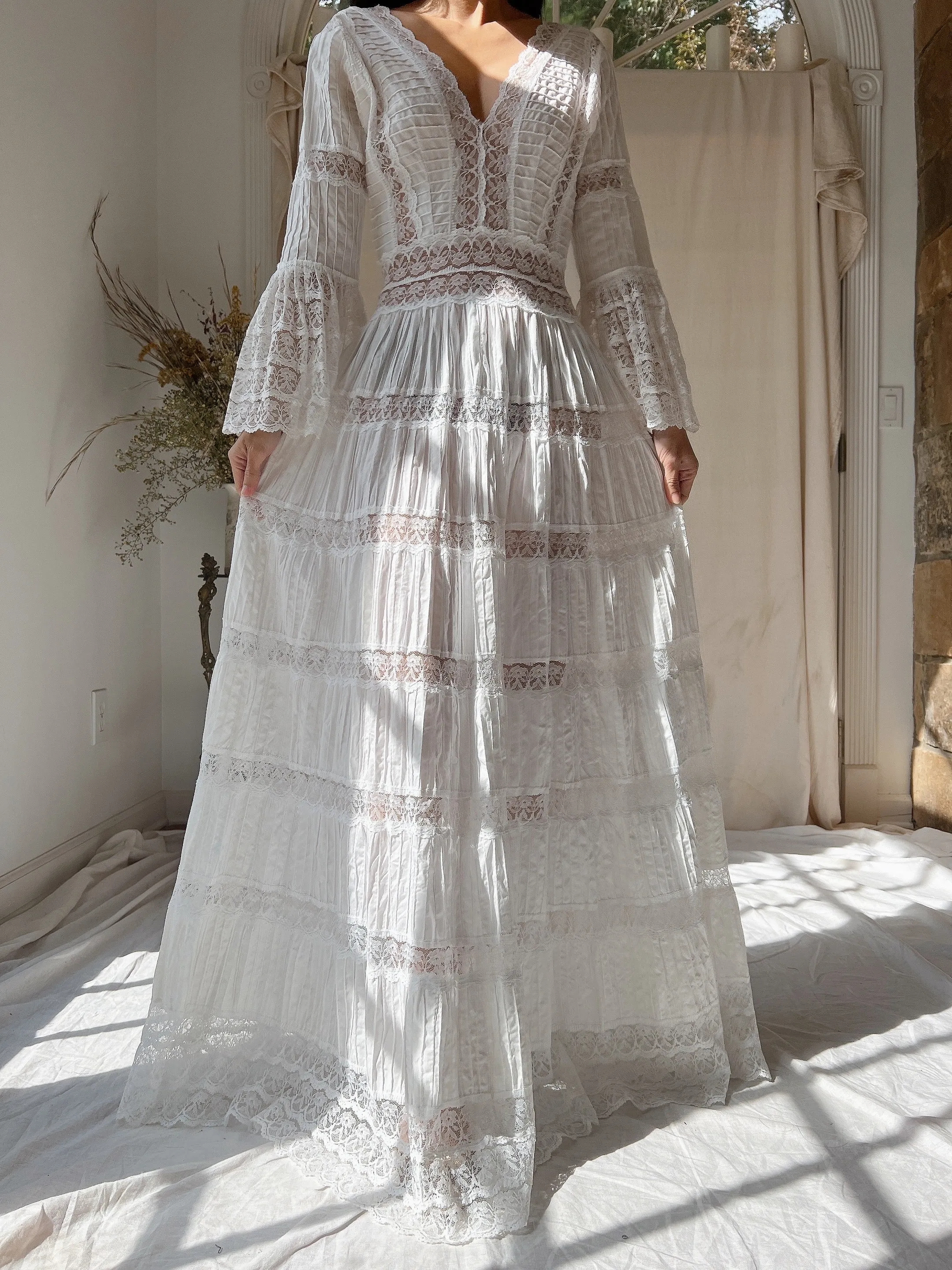 1970s Bell Sleeves Cotton Gown - XS