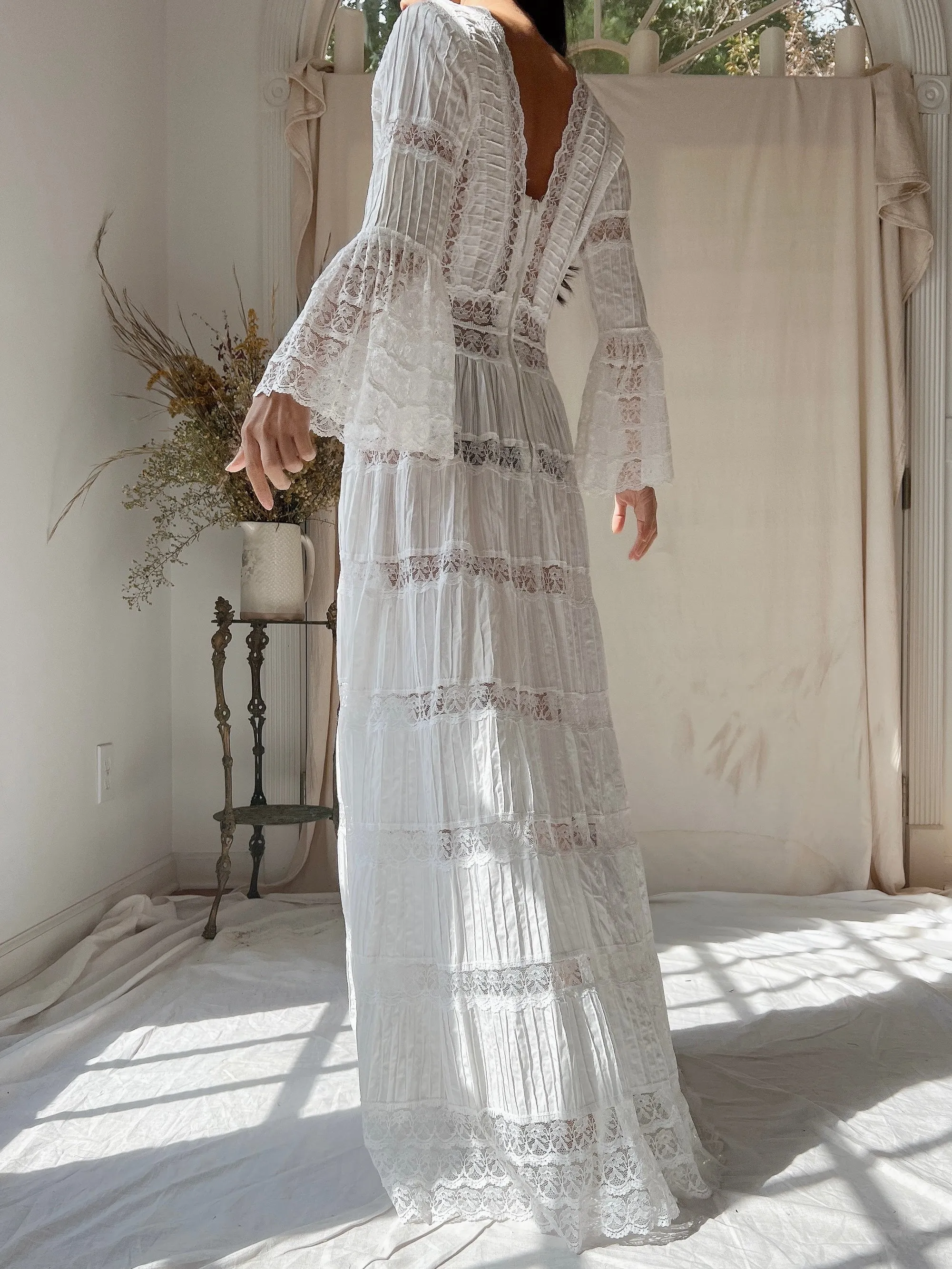1970s Bell Sleeves Cotton Gown - XS