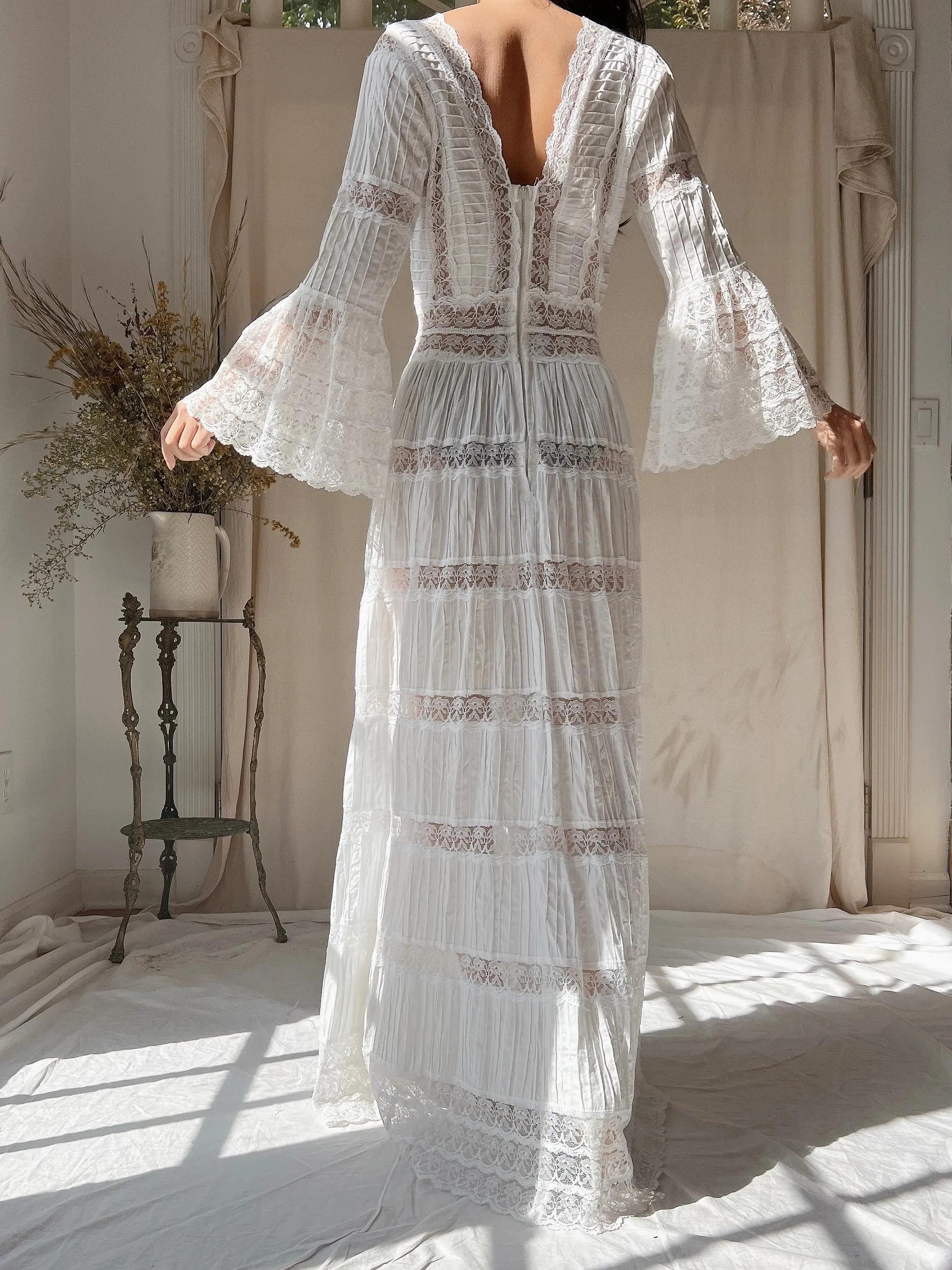 1970s Bell Sleeves Cotton Gown - XS