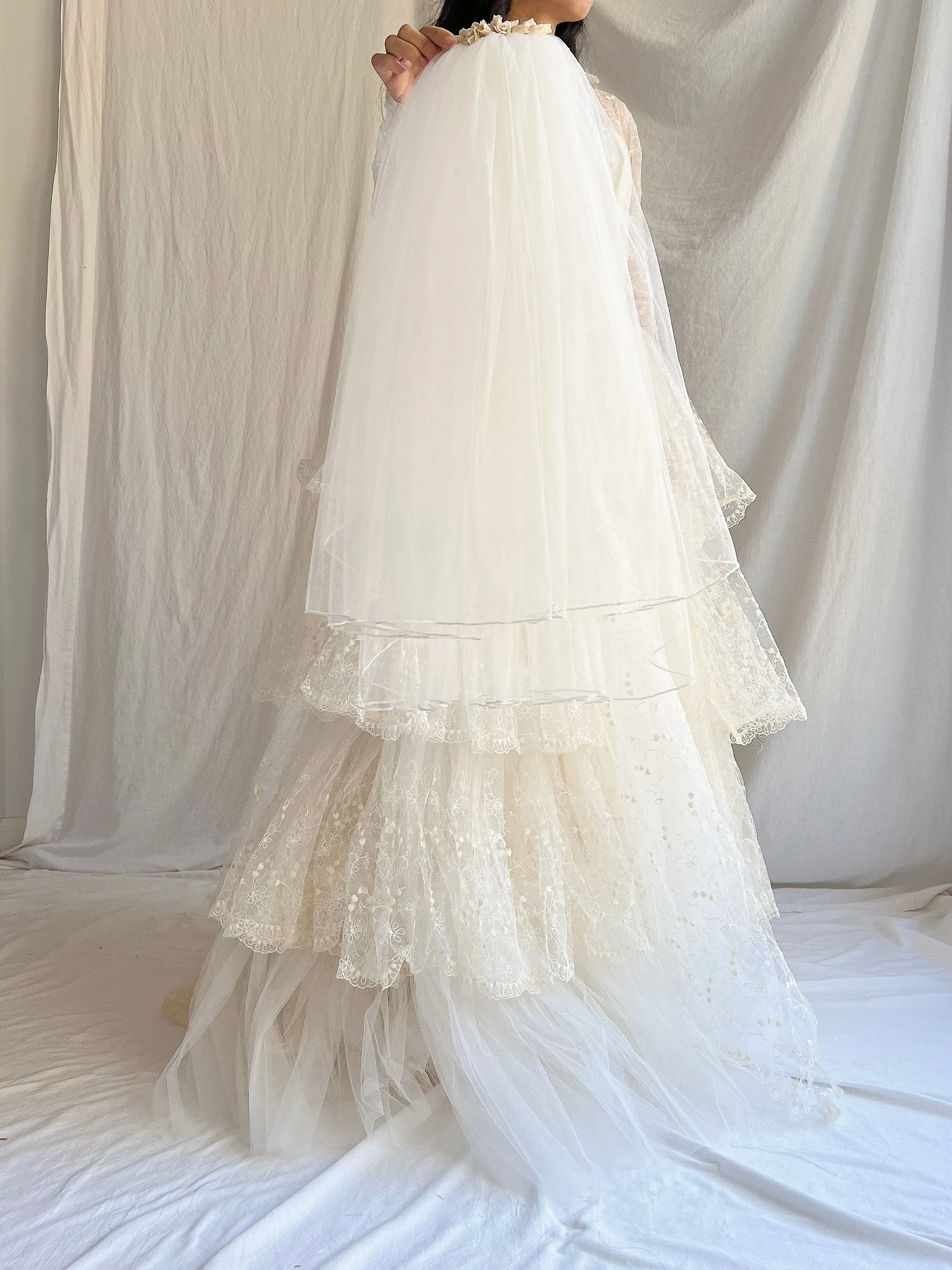 1980s Porcelain Ivory Double Layered Waist Length Tulle Veil