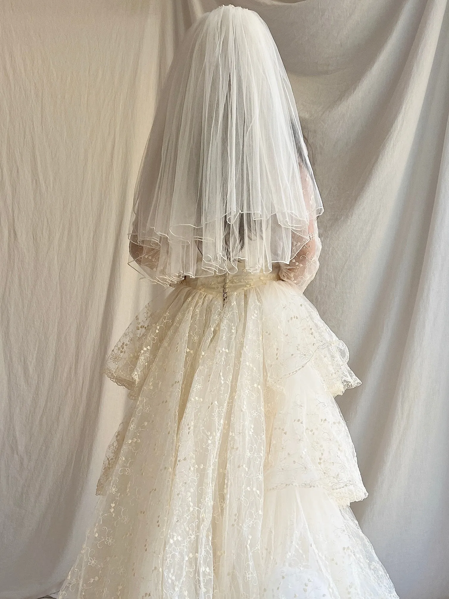 1980s Porcelain Ivory Double Layered Waist Length Tulle Veil