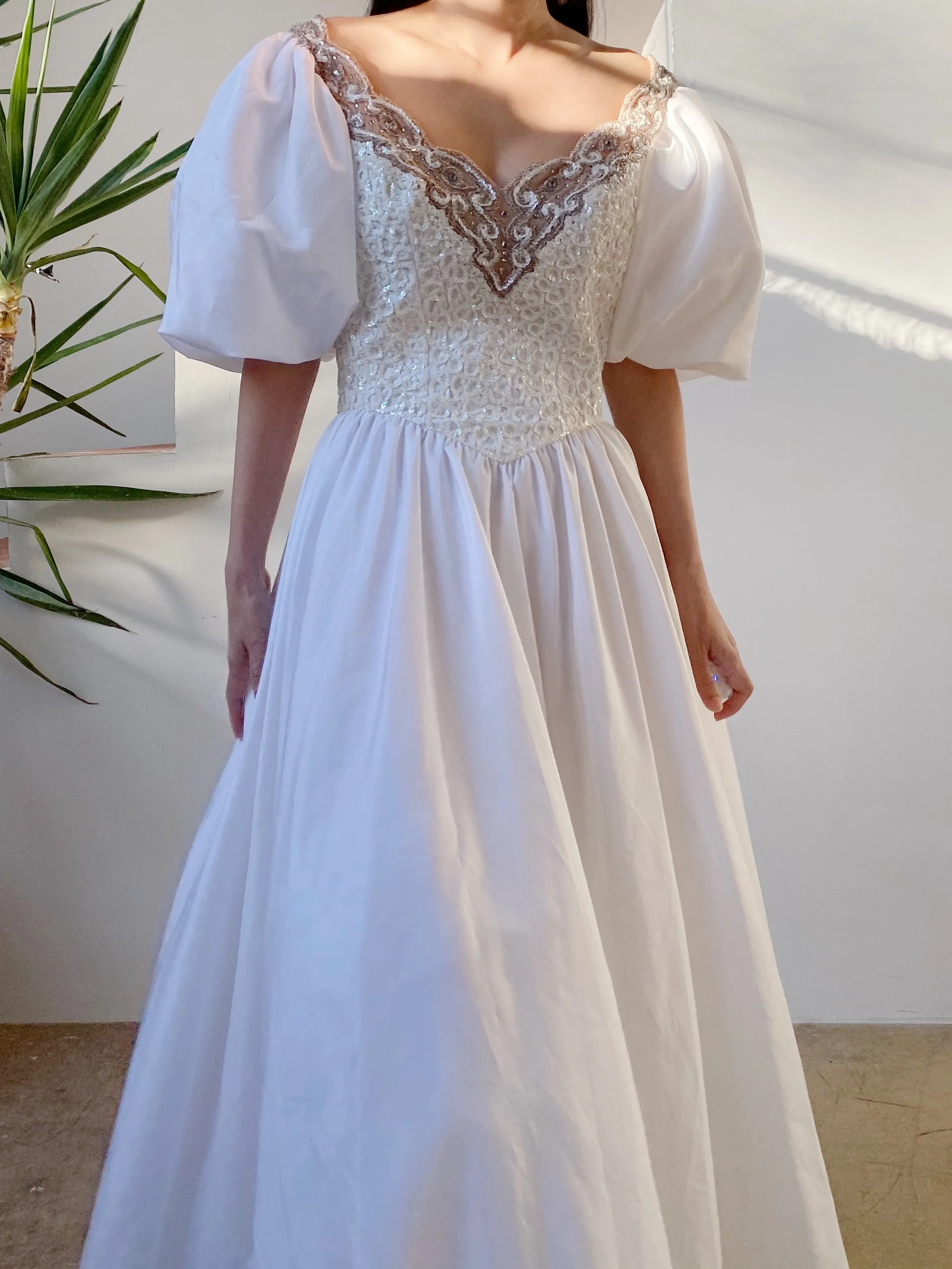 1980s Puff Sleeve Tea-Length Dress - XS