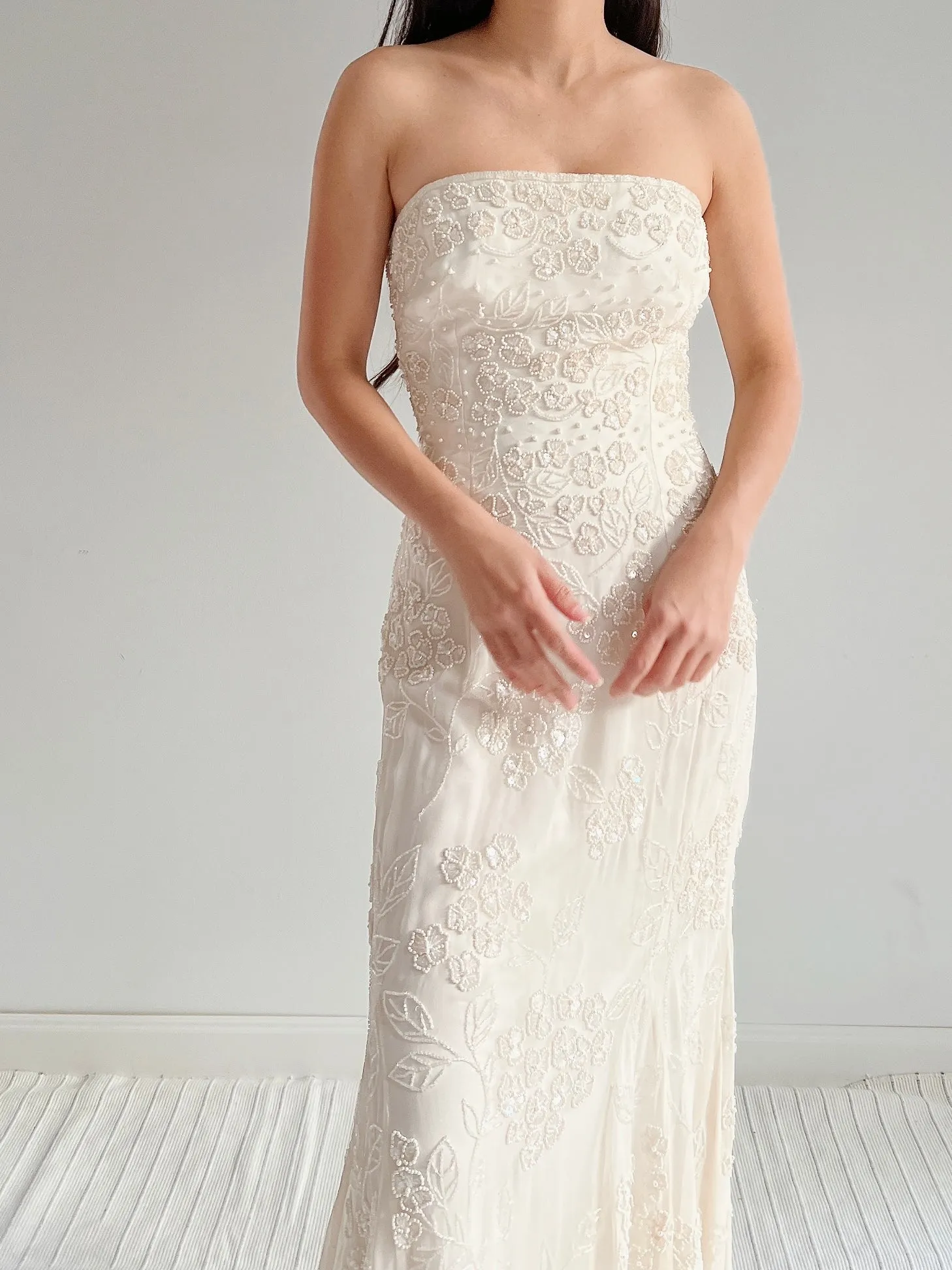 1980s Strapless Beaded Pearl Dress - S/M