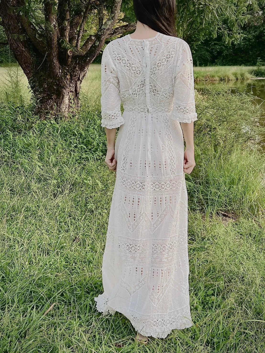 Antique Embroidered Cotton Lawn Dress - XS