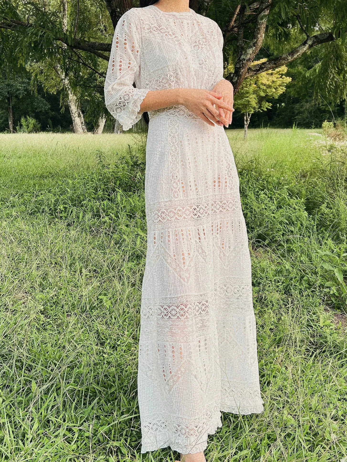 Antique Embroidered Cotton Lawn Dress - XS